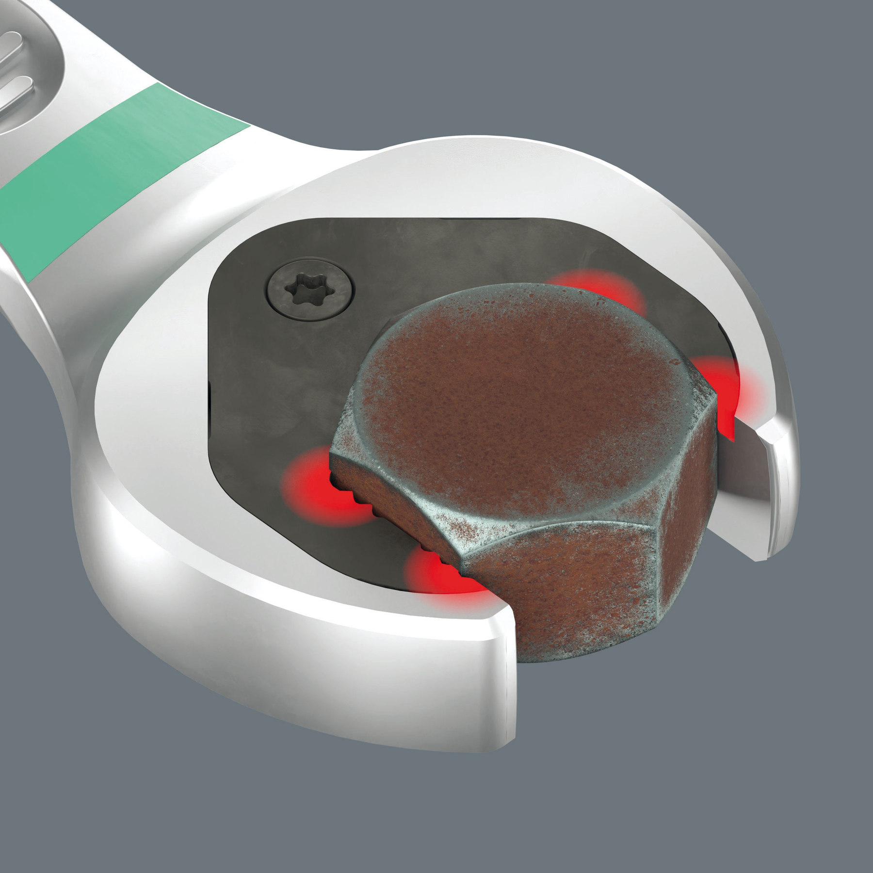 Klucz trzymający zardzewiałą śrubę z czerwonymi podświetleniami.