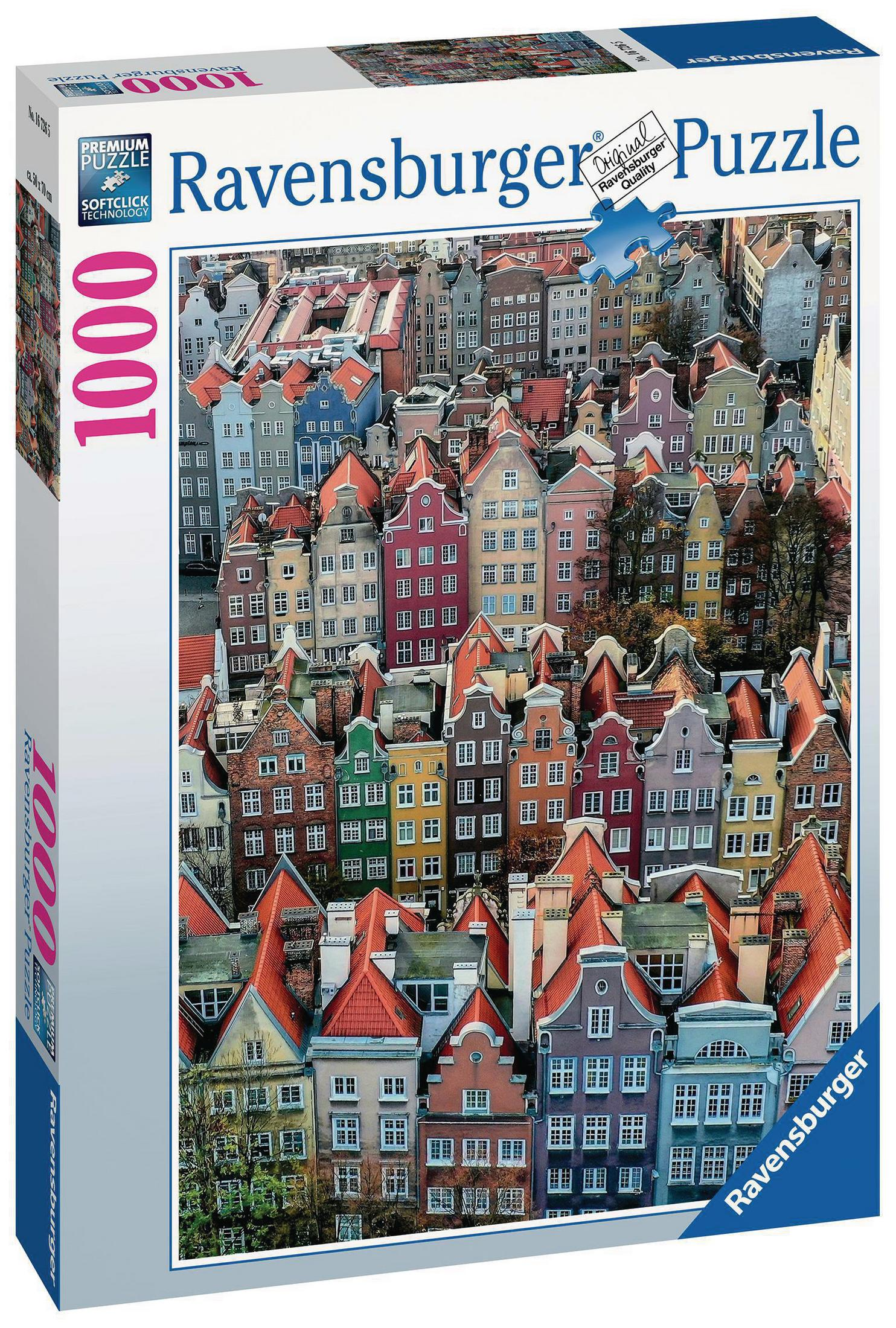 Eine 1000-teilige Ravensburger Puzzleschachtel mit einem bunten Stadtbild.