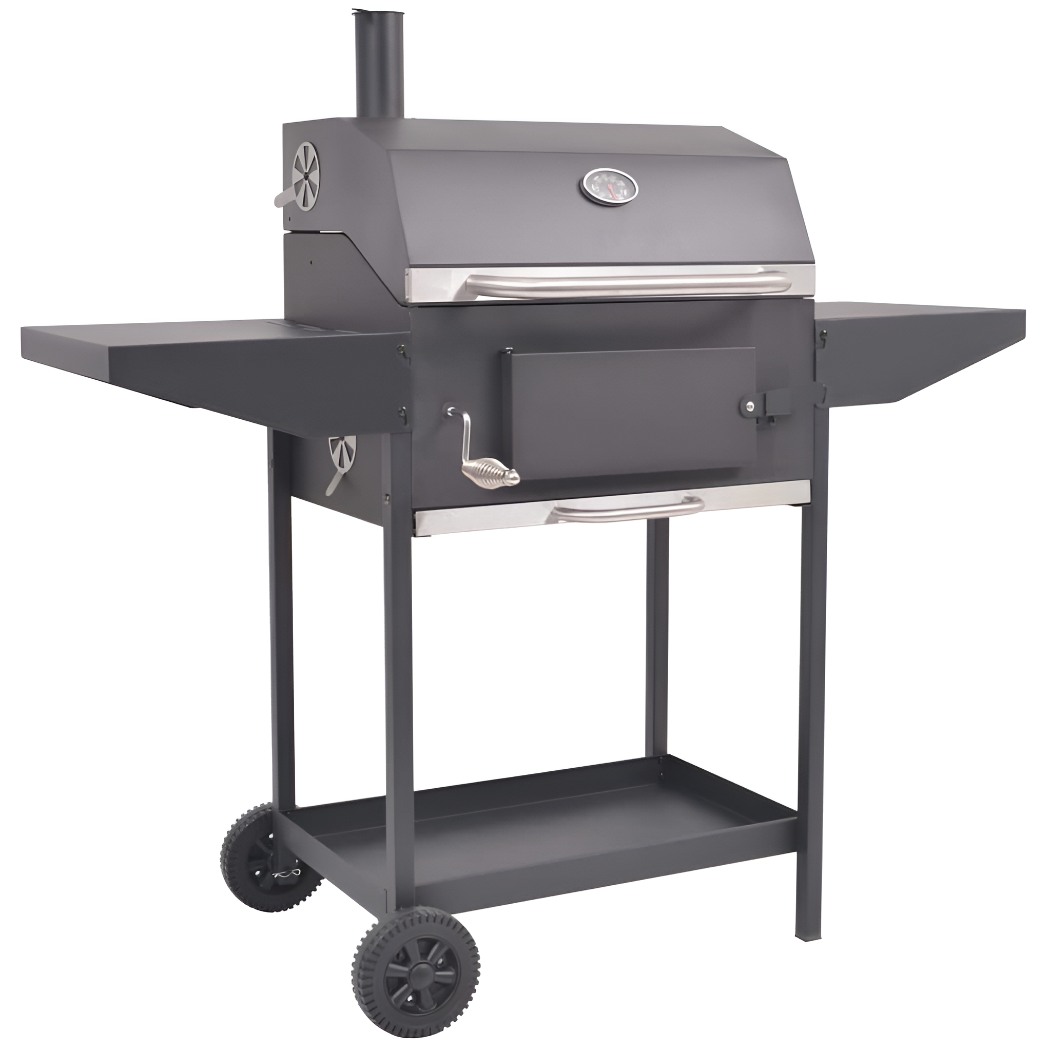 Ein schwarzer Außengrill mit Seitenablagen und zwei Rädern. Er hat einen Schornstein und einen Deckel.