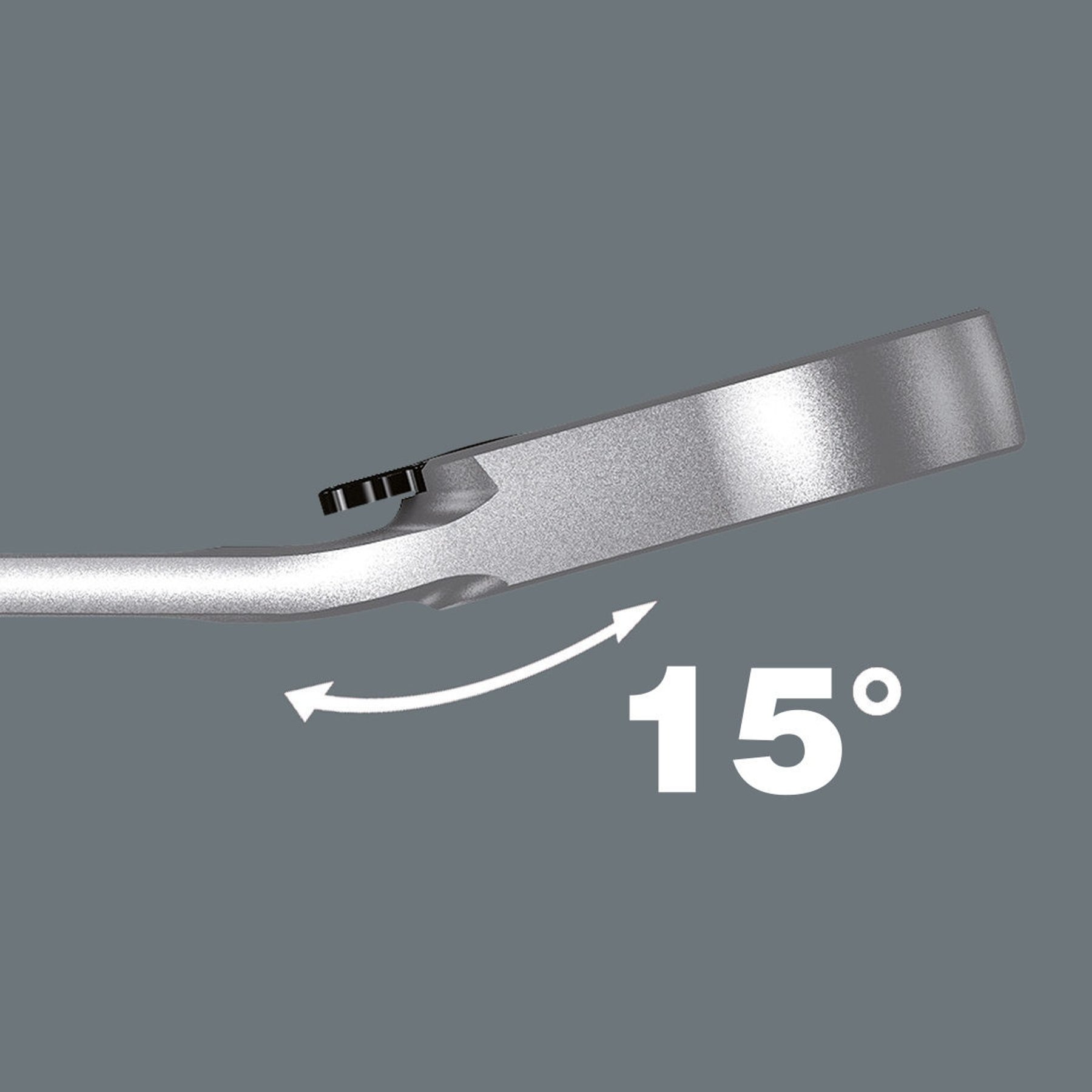 Narzędzie, klucz, z zaznaczonym kątem 15 stopni. Szare tło.