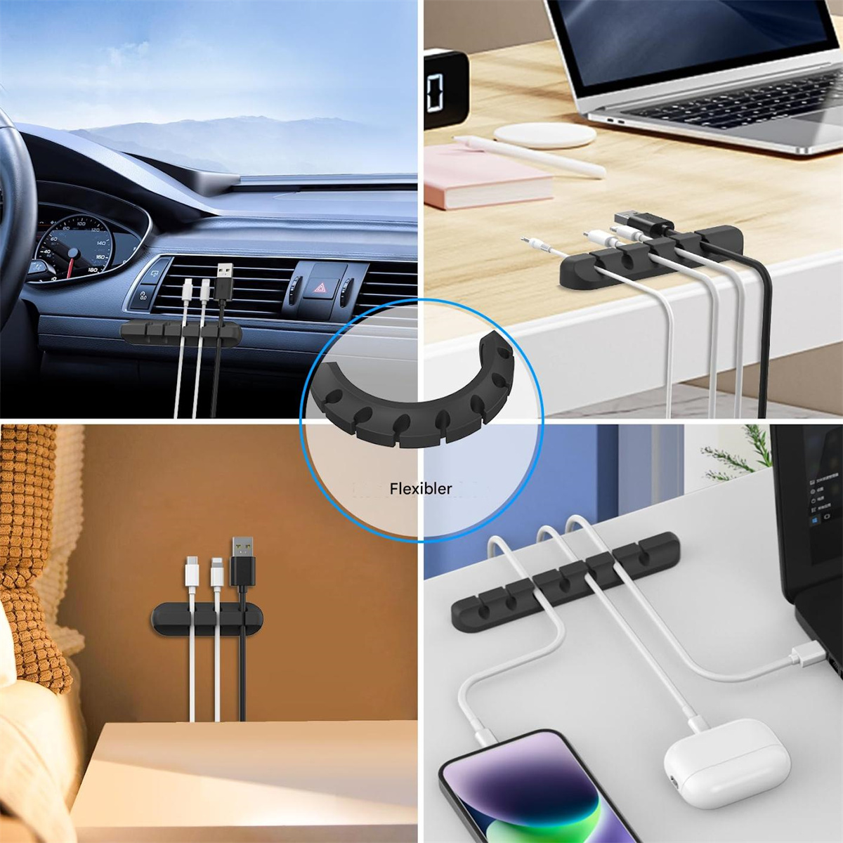 Vier Bilder zeigen Kabelorganisatoren. Weiße, schwarze und USB-Kabel werden von den Geräten verwaltet.