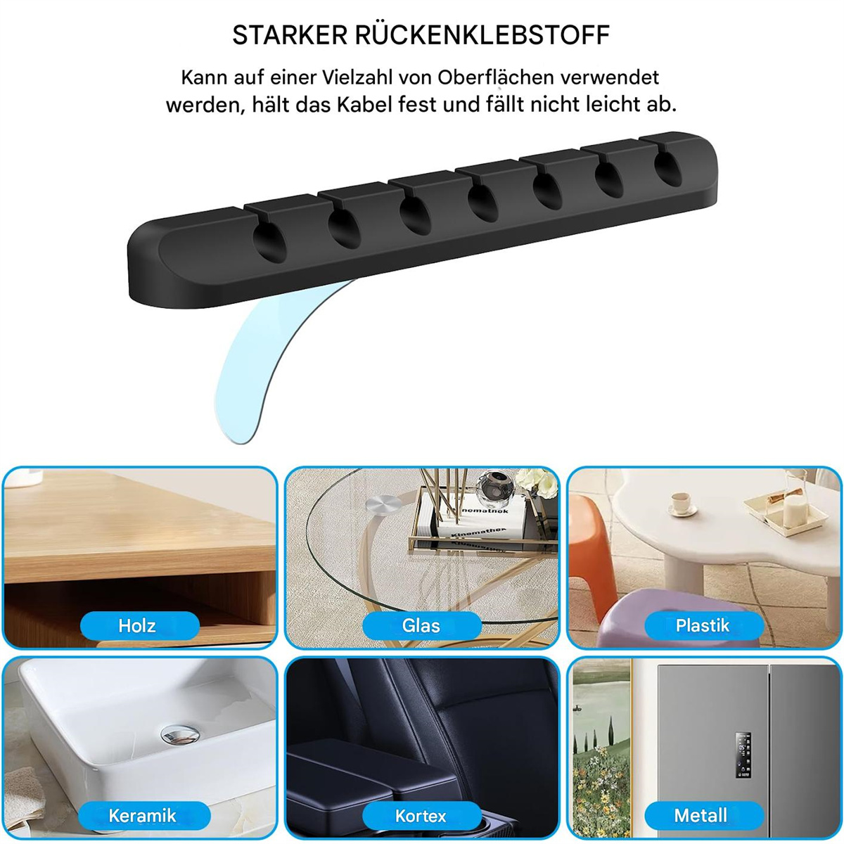 Schwarzer Kabel-Organizer mit Klebstoff, mit Beispielen für Oberflächen, auf denen er verwendet werden kann.