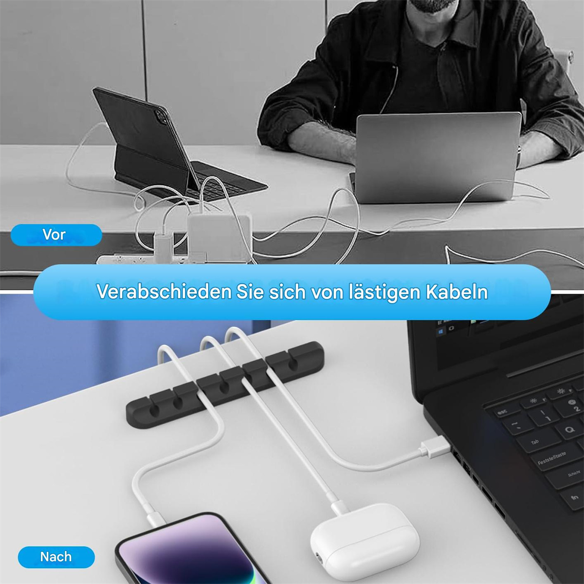 Ein Vorher-Nachher-Bild. Vorher sind Kabel unordentlich. Nachher sind die Kabel mit einem Halter organisiert.