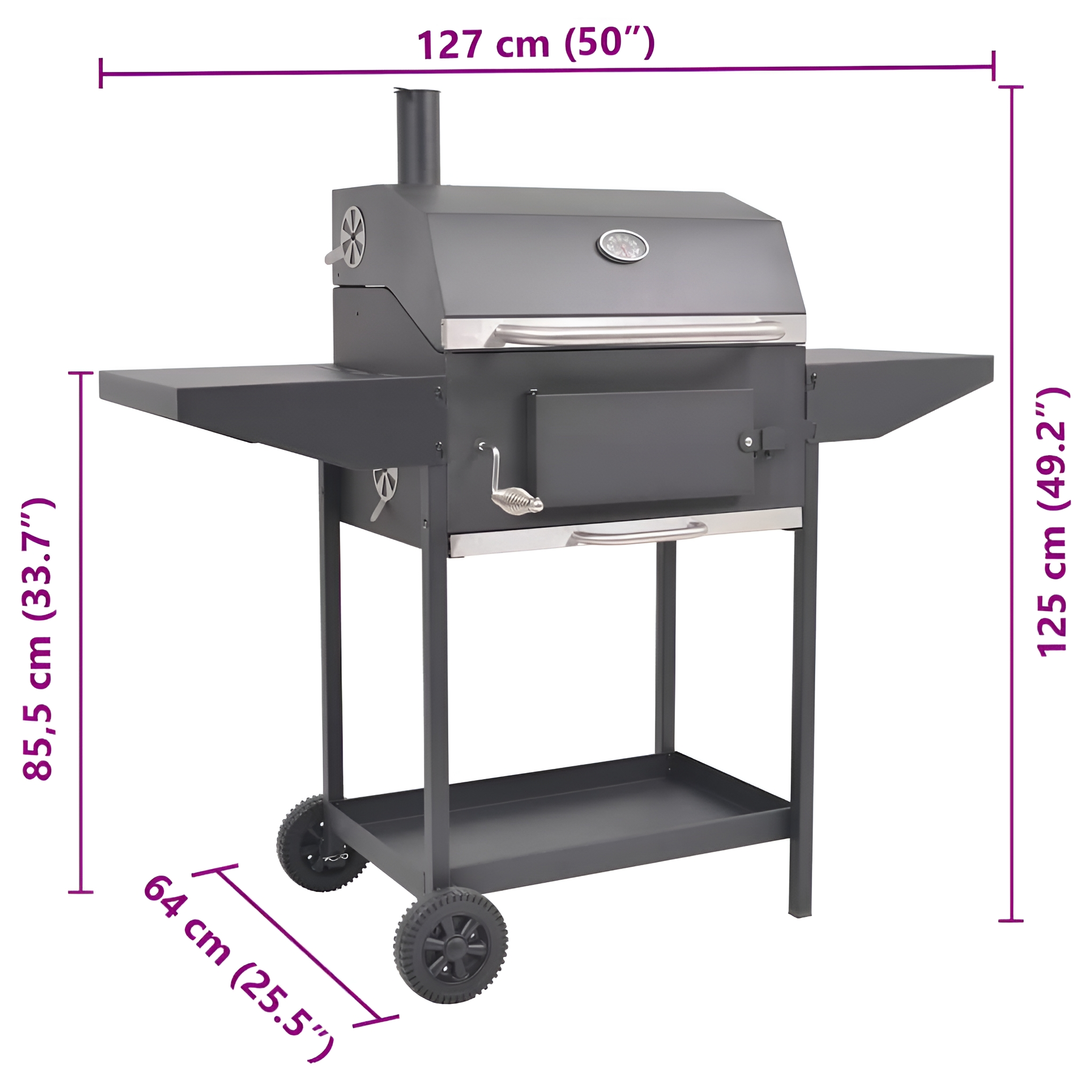 Grauer Außengrill. Er hat zwei seitliche Ablagen und eine untere Ablage. Abmessungen sind angegeben.