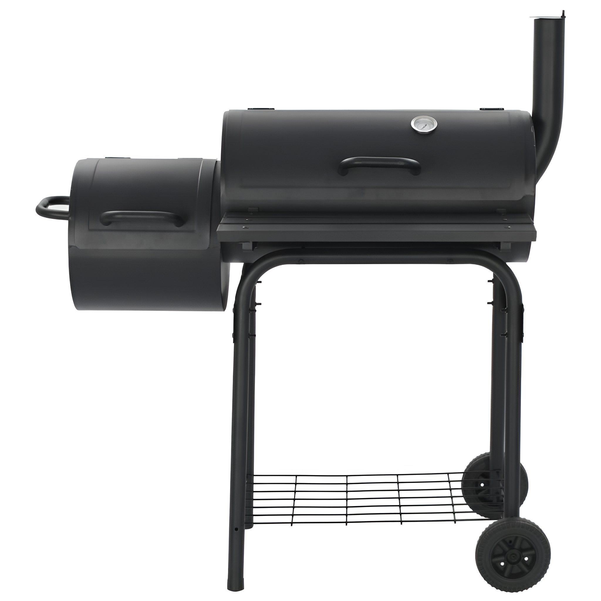 Schwarzer Smoker-Grill mit seitlicher Feuerbox und Schornstein.