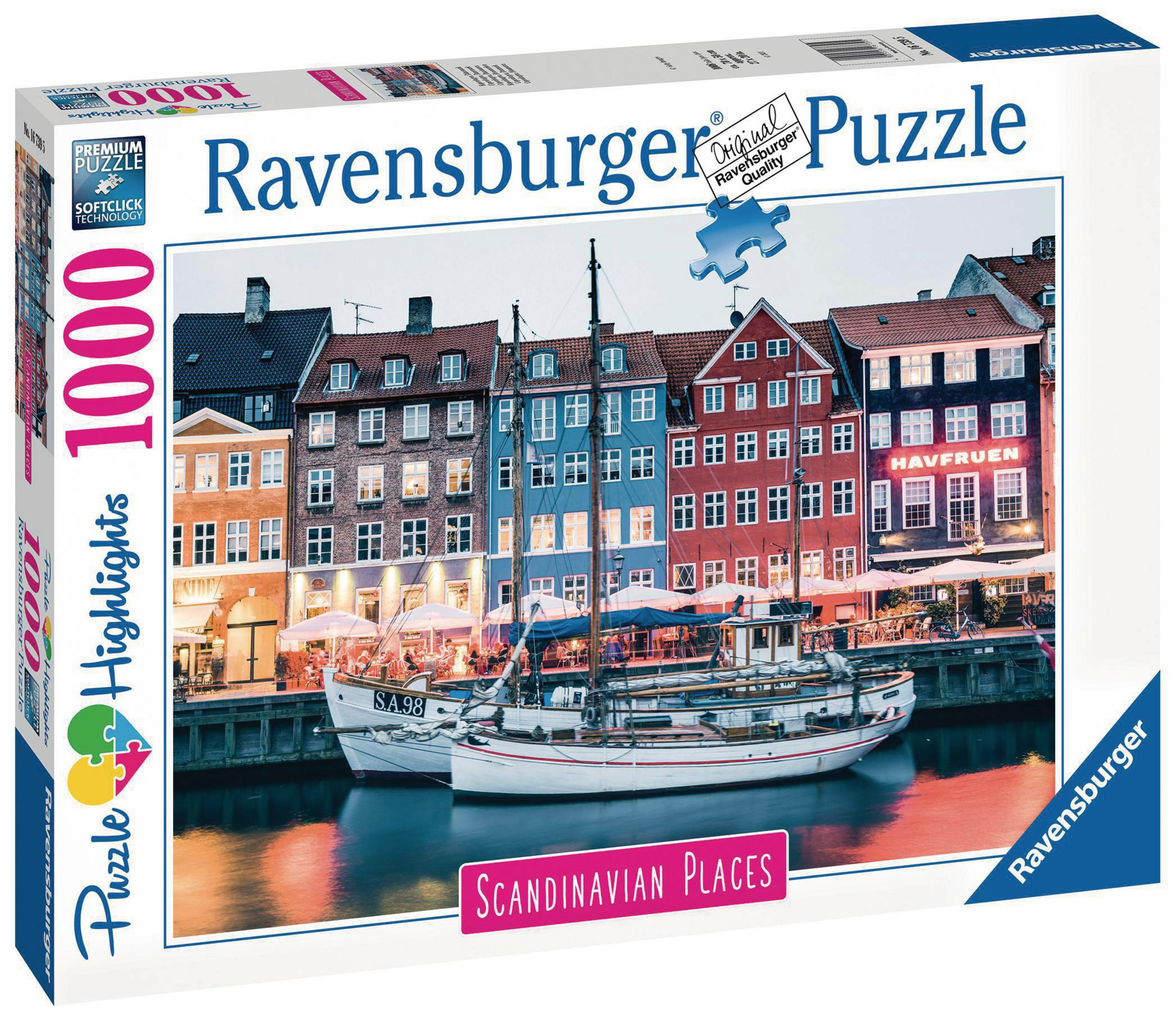 Puzzledose. Die Box zeigt eine Hafenszene mit Booten und bunten Gebäuden.