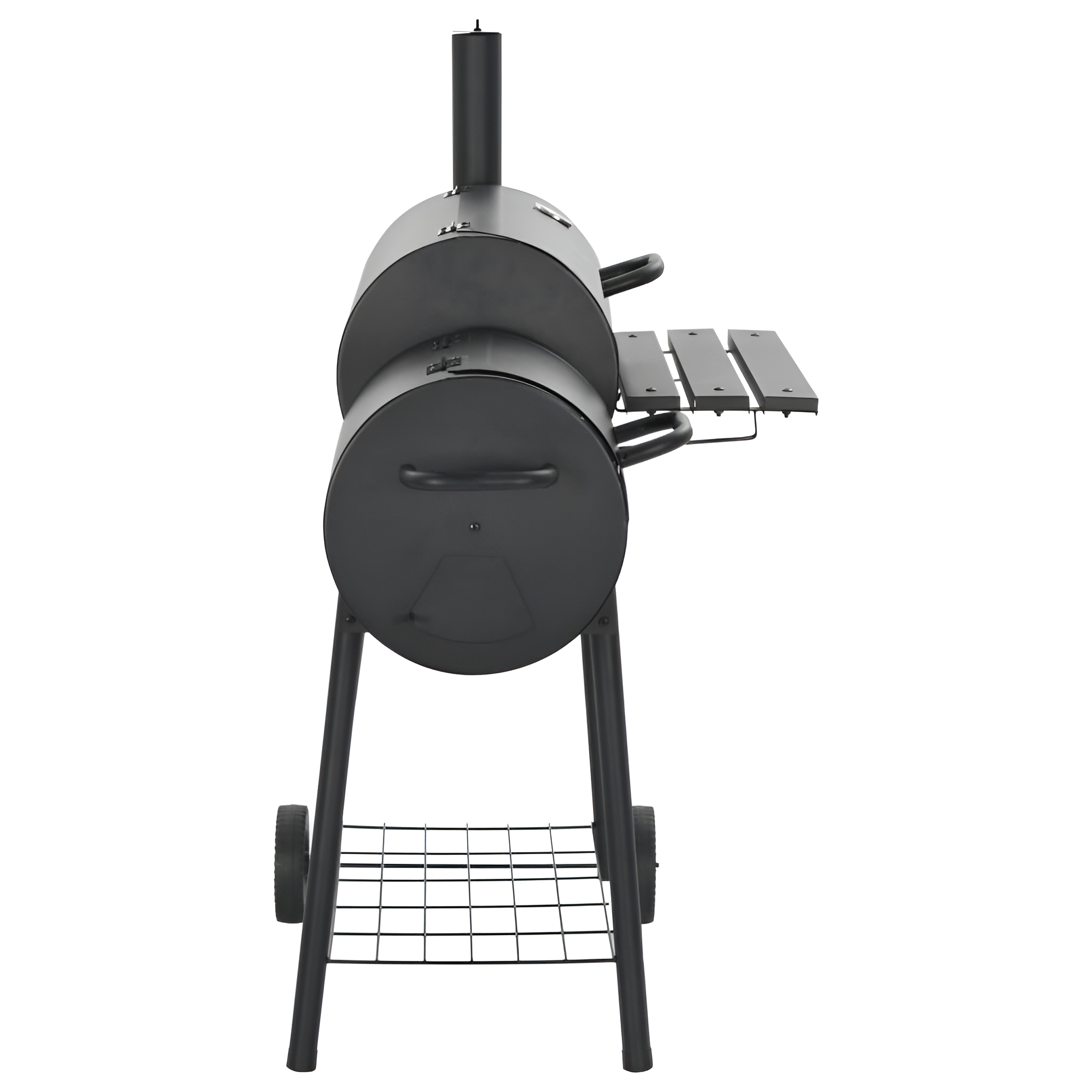 Ein schwarzer Grill mit zwei Kammern, Holz-Seitenablage und unterem Gestell.
