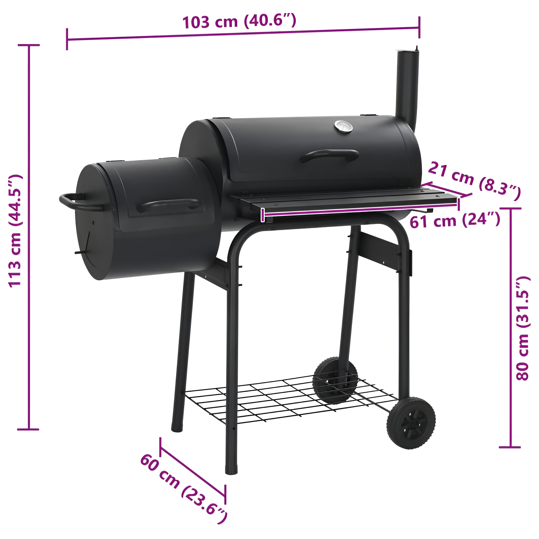 Schwarzer BBQ-Grill mit Maßangaben. Er steht auf Rädern.