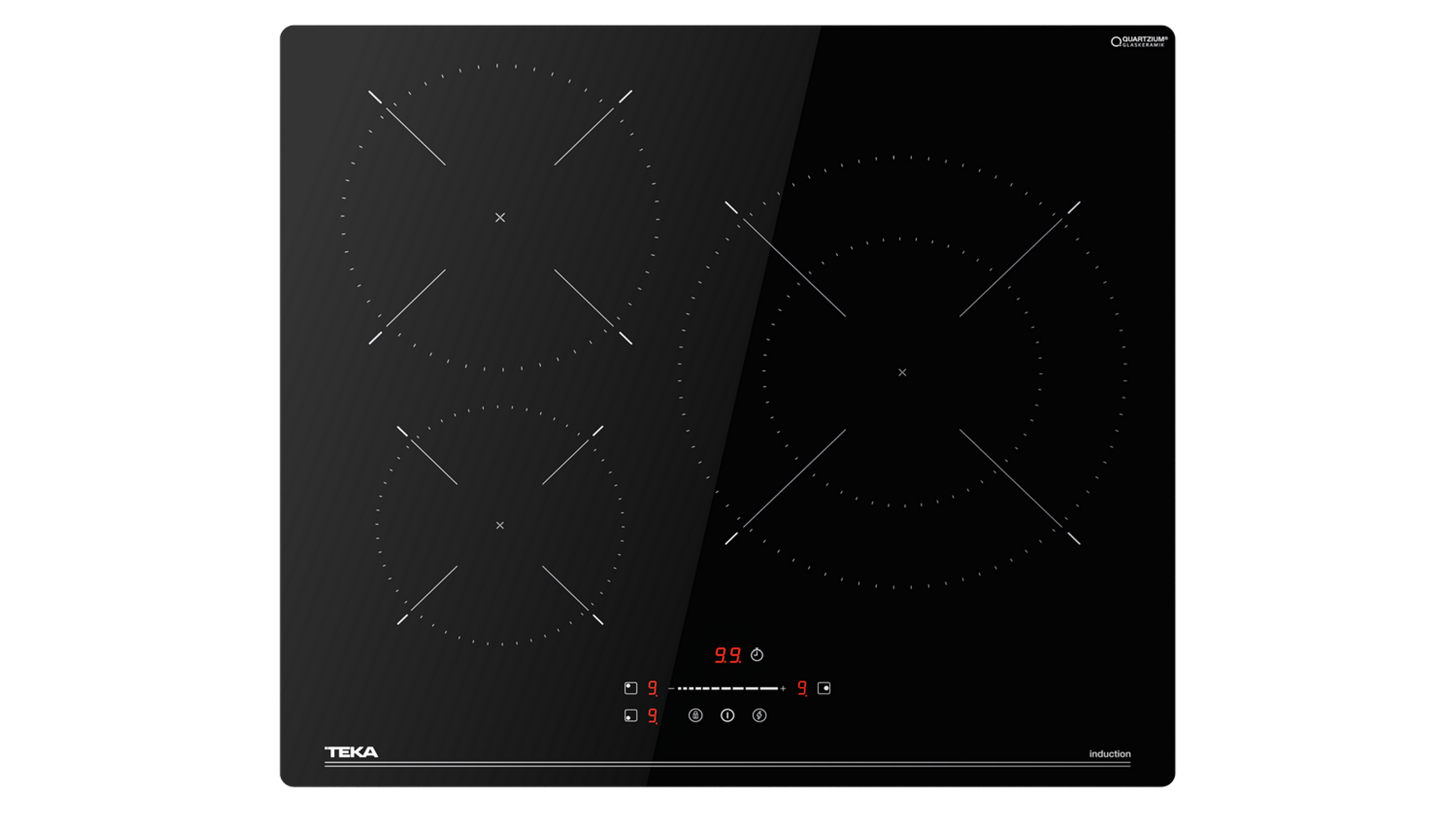 Czarna płyta indukcyjna z trzema okrągłymi i jedną owalną strefą gotowania. Wyświetlacz cyfrowy pokazuje liczby.