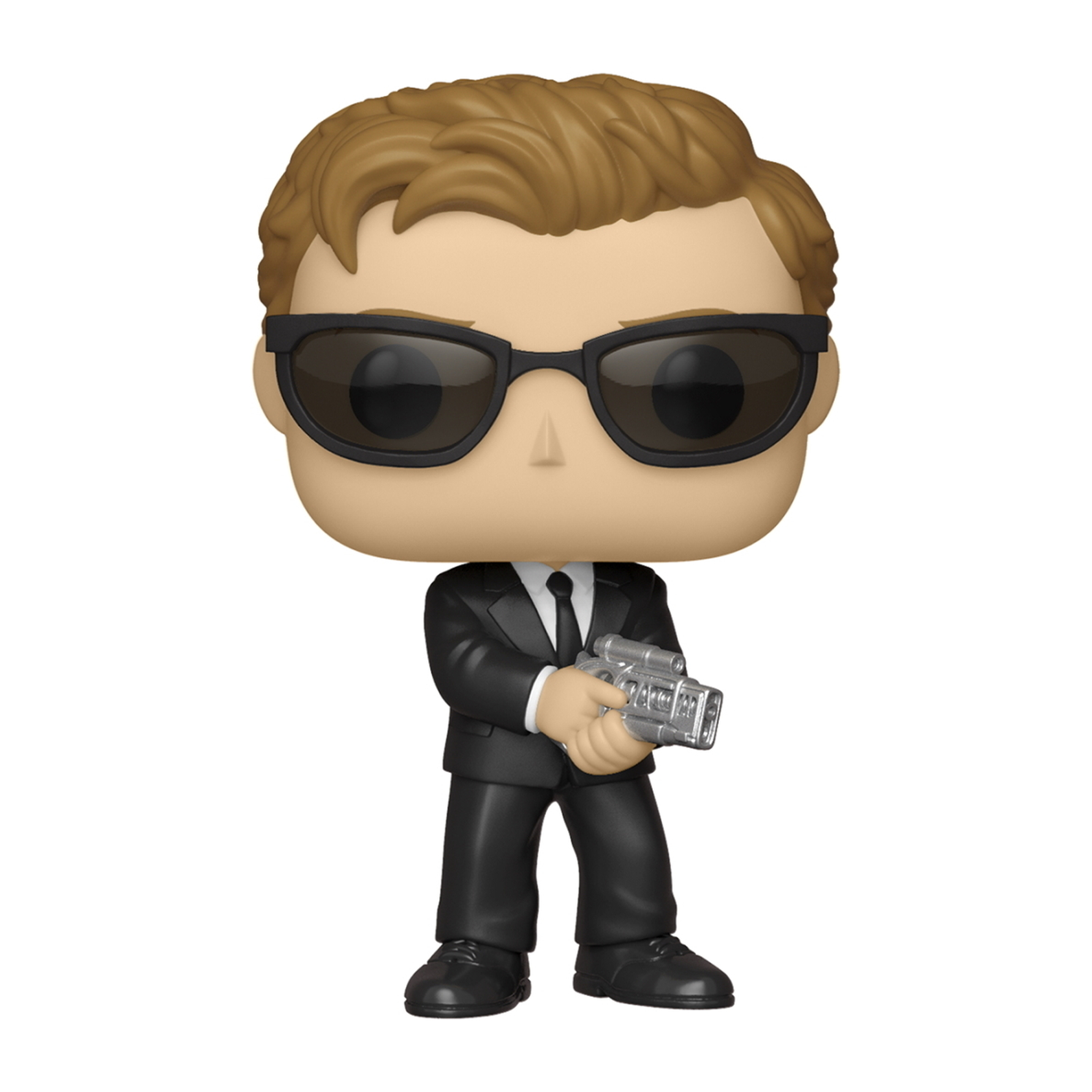 Eine Funko Pop Figur von Agent J aus dem Film Men in Black, der eine Waffe hält.