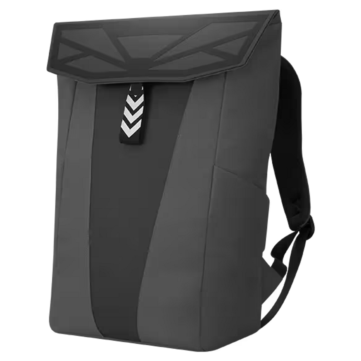 Una mochila negra con un diseño geométrico. La mochila está sobre un fondo blanco.