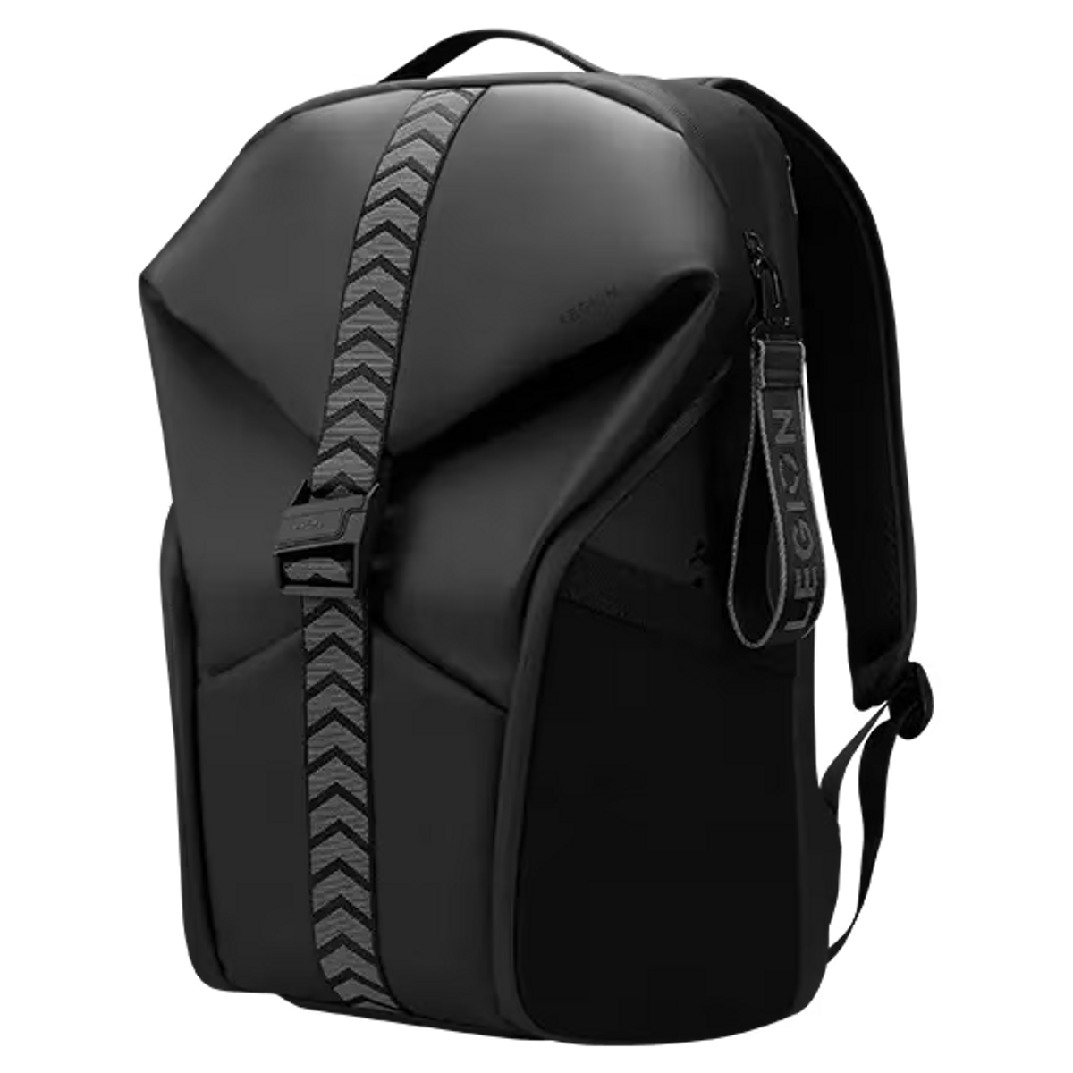 Una mochila negra con una franja diagonal gris. La palabra LEGION es visible.
