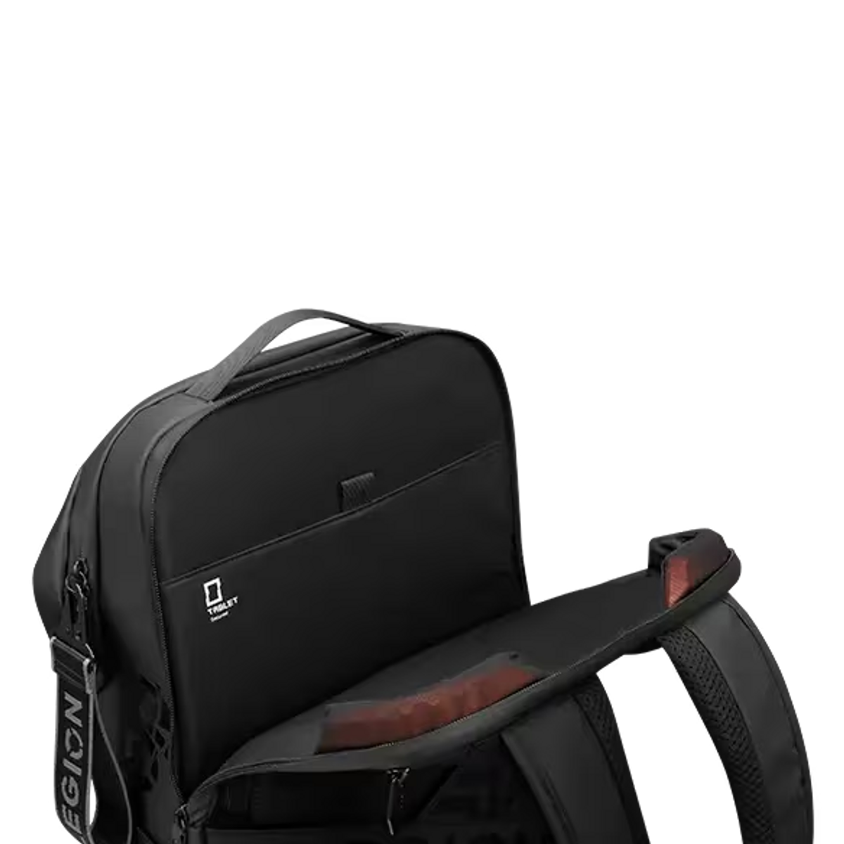 Mochila negra abierta. Interior muestra bolsillos y forro rojo. La palabra 'LEGION' es visible.