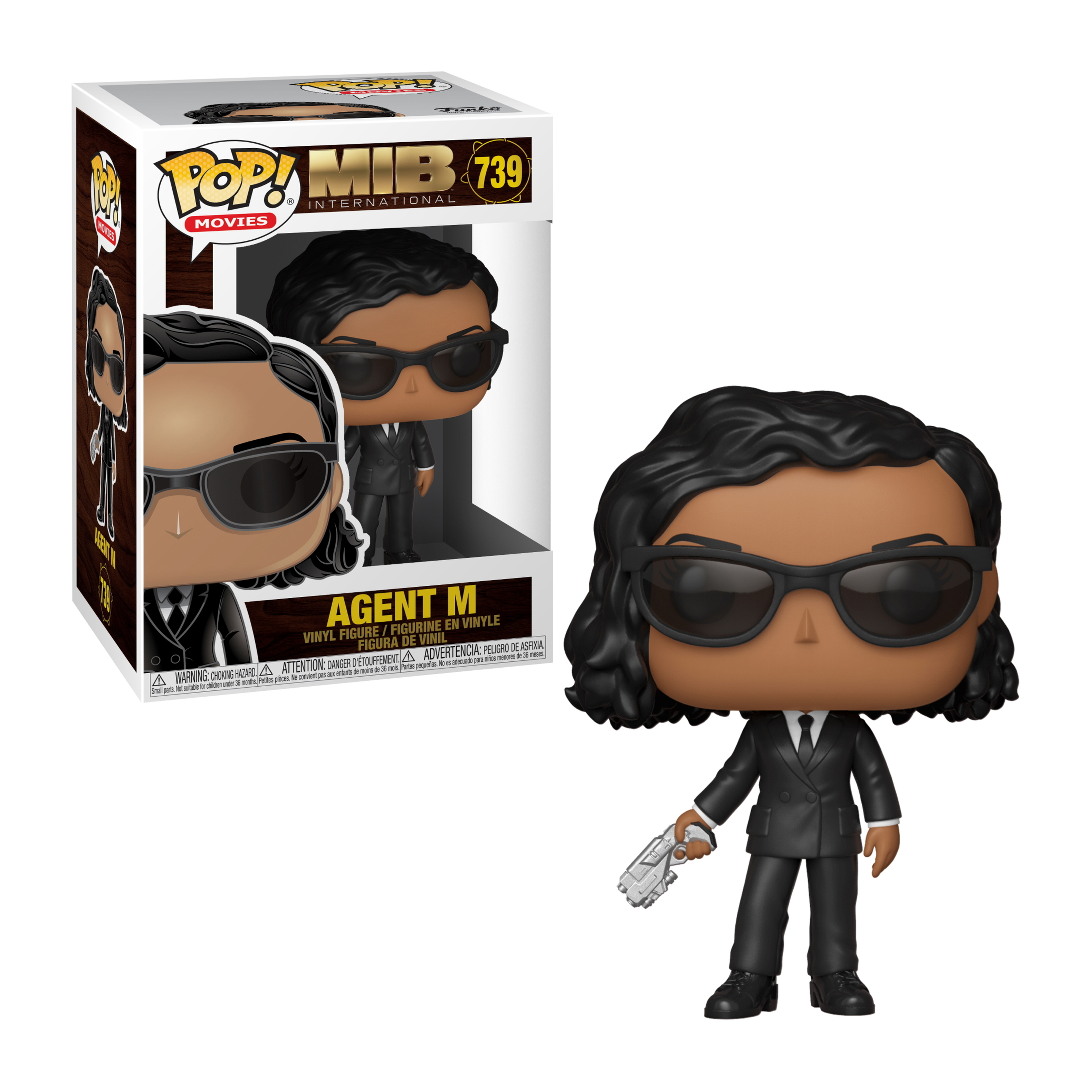 Eine Spielfigur von Agent M aus Men in Black, mit einer Box.