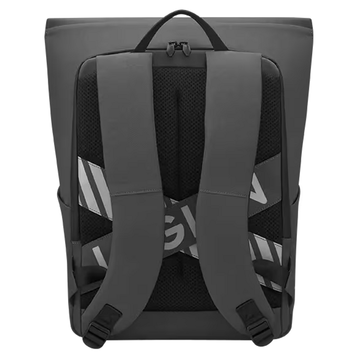 Una mochila negra con correas grises, rayas reflectantes y un panel trasero de malla.