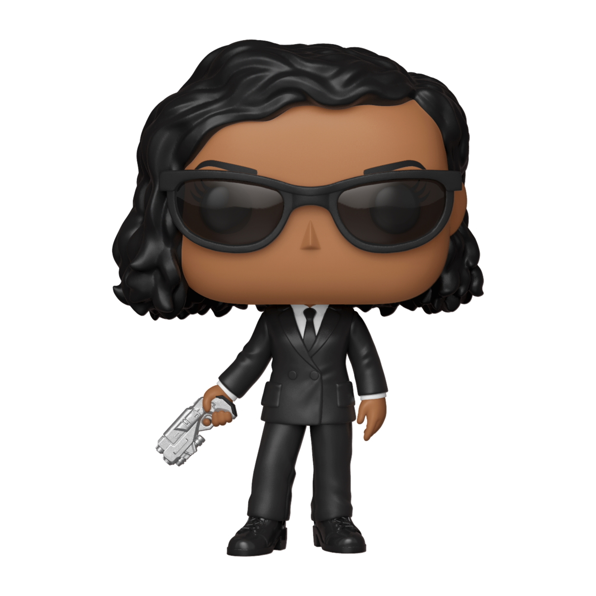Eine Funko Pop Figur von Agent J aus Men in Black. Er trägt einen schwarzen Anzug, eine Sonnenbrille und hält eine silberne Pistole.