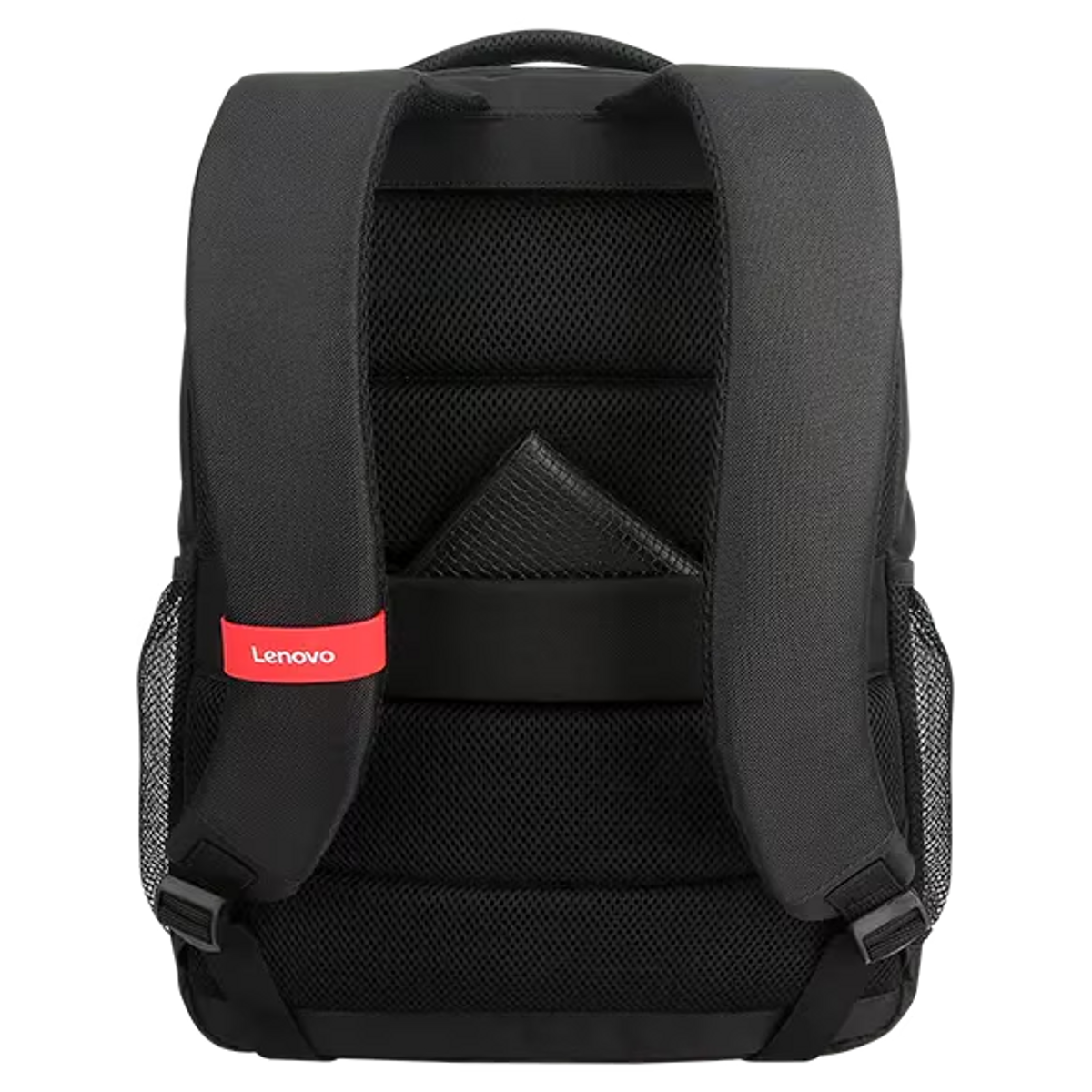 Czarny plecak z czerwoną etykietą Lenovo, czarnym paskiem i czarną kieszenią.