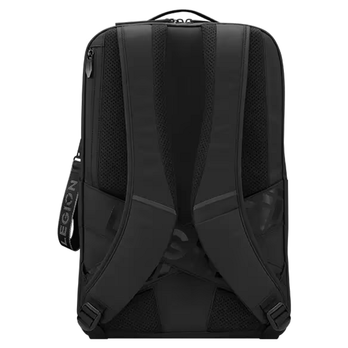 Mochila negra con respaldo acolchado. La mochila tiene dos correas y se ve la palabra 'LEGION'.