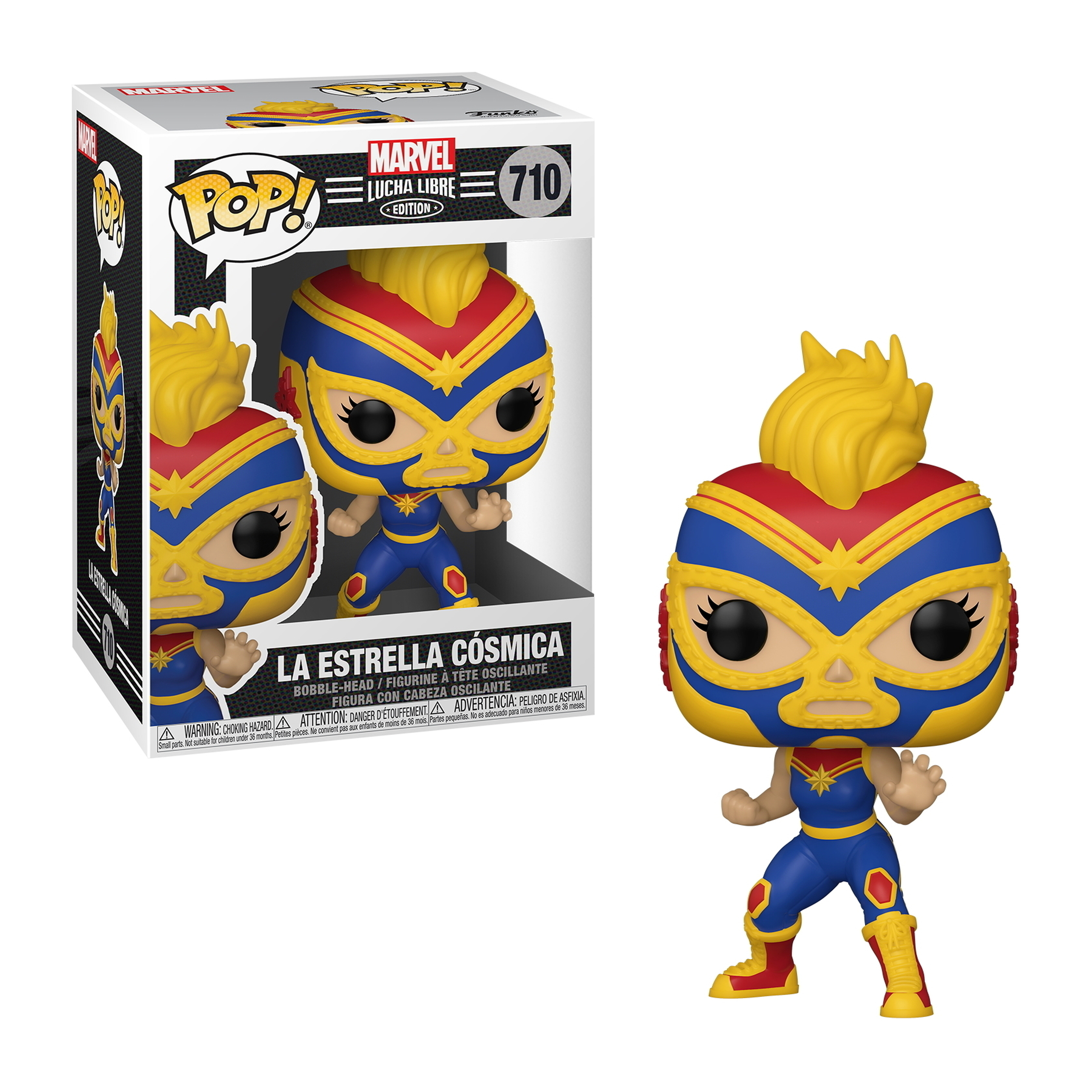 Marvels La Estrella Cósmica Figur in Box und stehend. Figur ist ein Luchador mit Sternen-Gesicht.