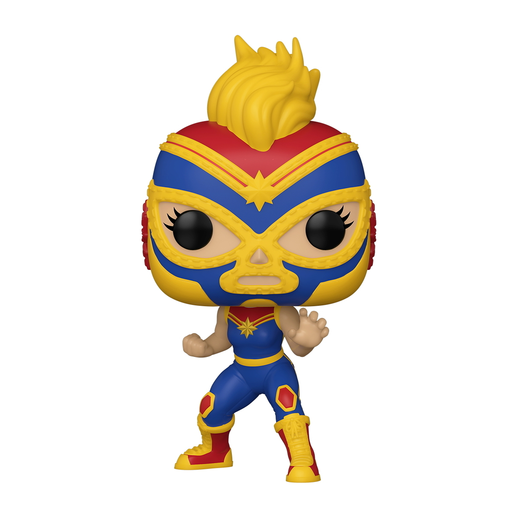 Funko Pop einer Wrestlerin. Sie hat eine Maske und trägt ein blau-rotes Outfit.