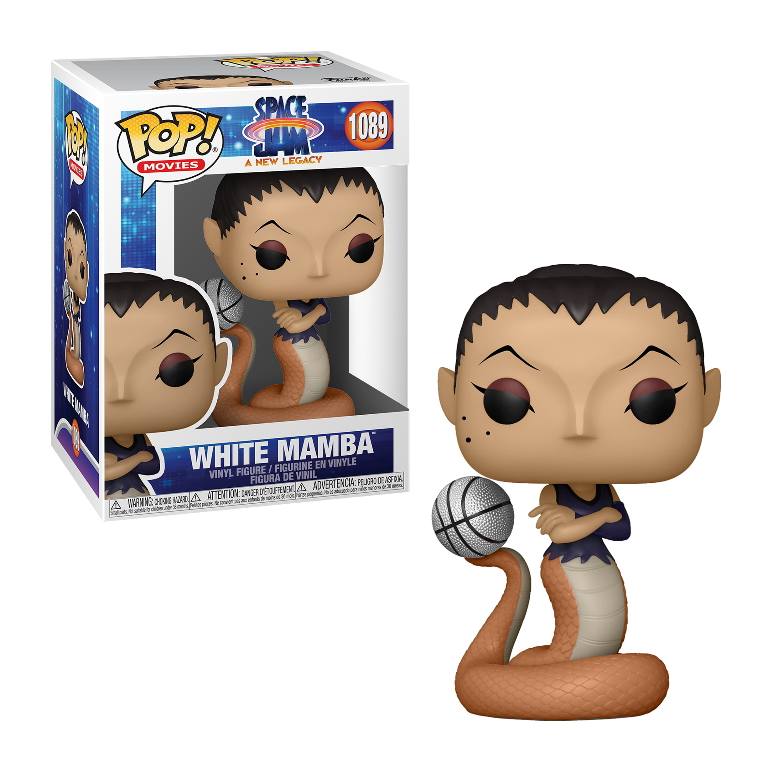 Figura Funko Pop de White Mamba con una pelota de baloncesto y una caja con la misma imagen.