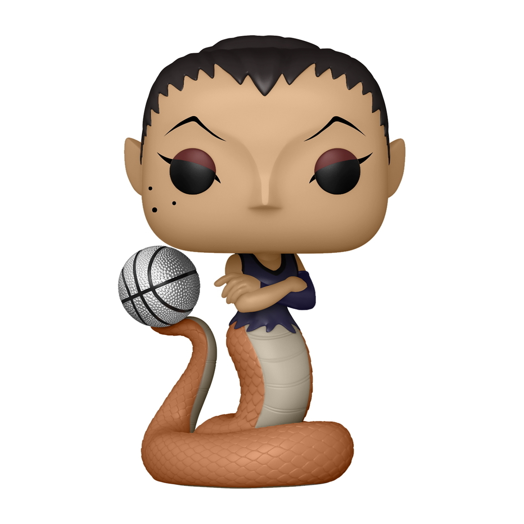Figura Funko Pop. Una mujer con cuerpo de serpiente y una pelota de baloncesto. Lleva un top morado.