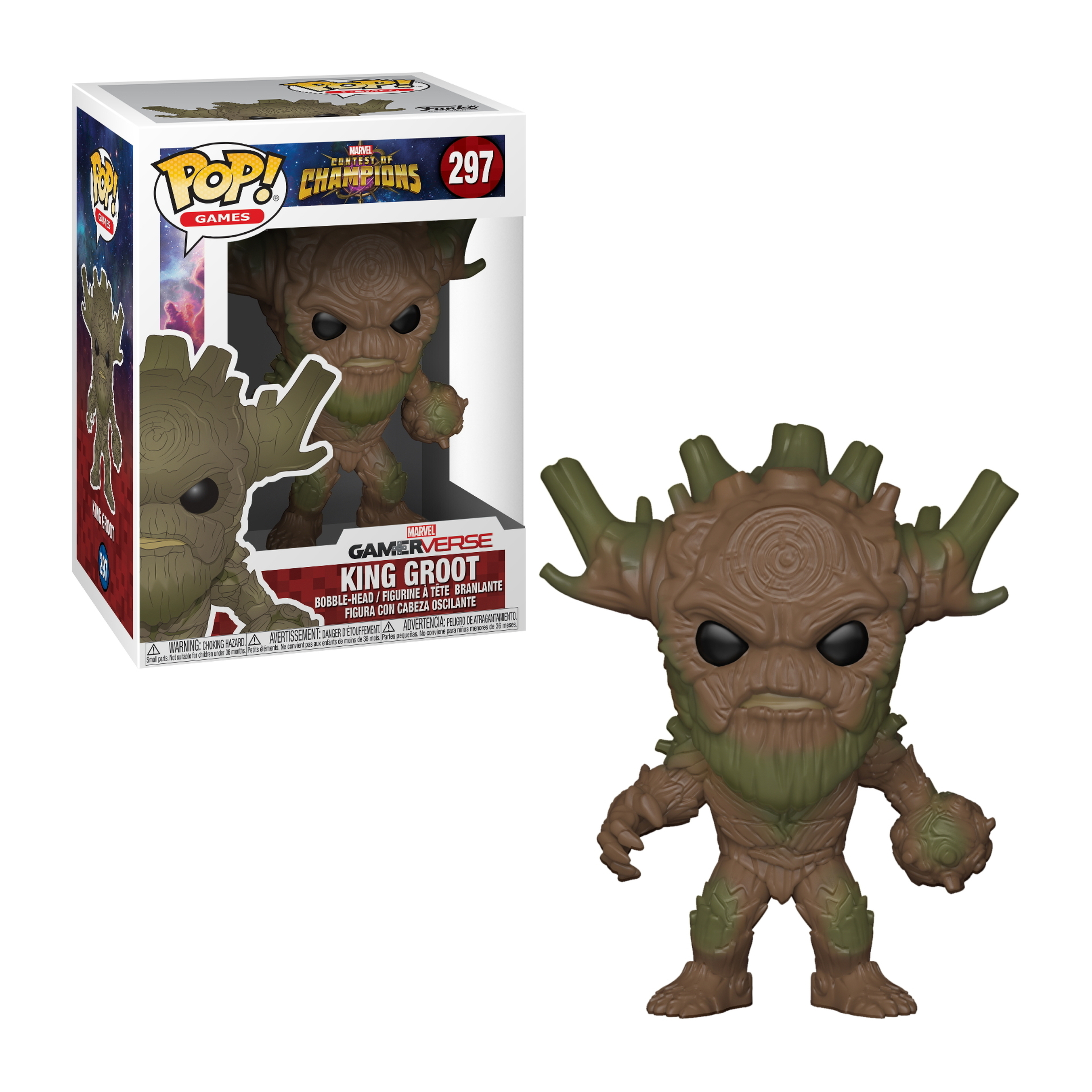 Groot-Actionfigur in einer Box. Groot ist braun, grün und schwarz.