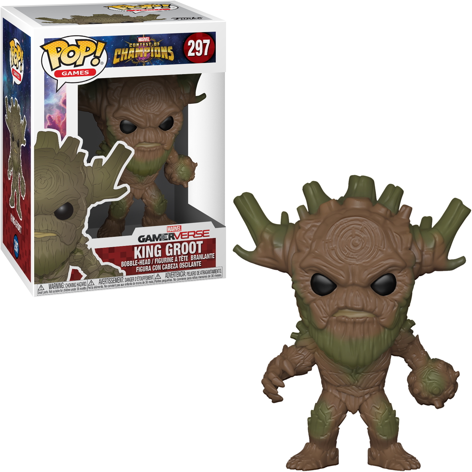 King Groot Wackelkopf-Figur in und außerhalb der Box, grün und braun, aus dem Marvel Contest of Champions Spiel.