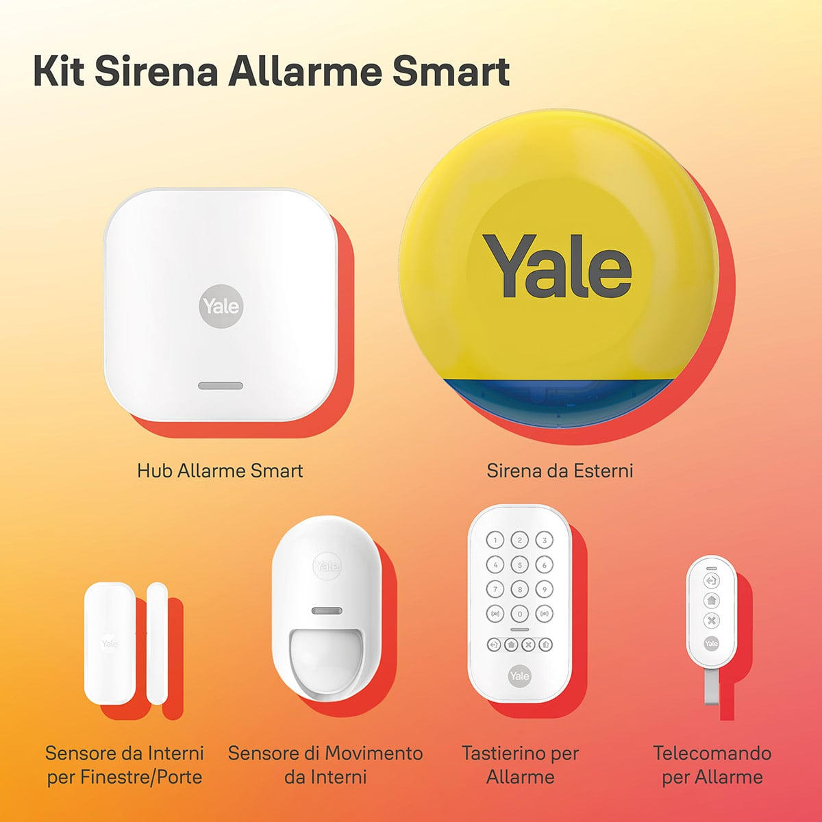 Un kit per sistema di sicurezza che include un hub, una sirena, sensori e un telecomando.