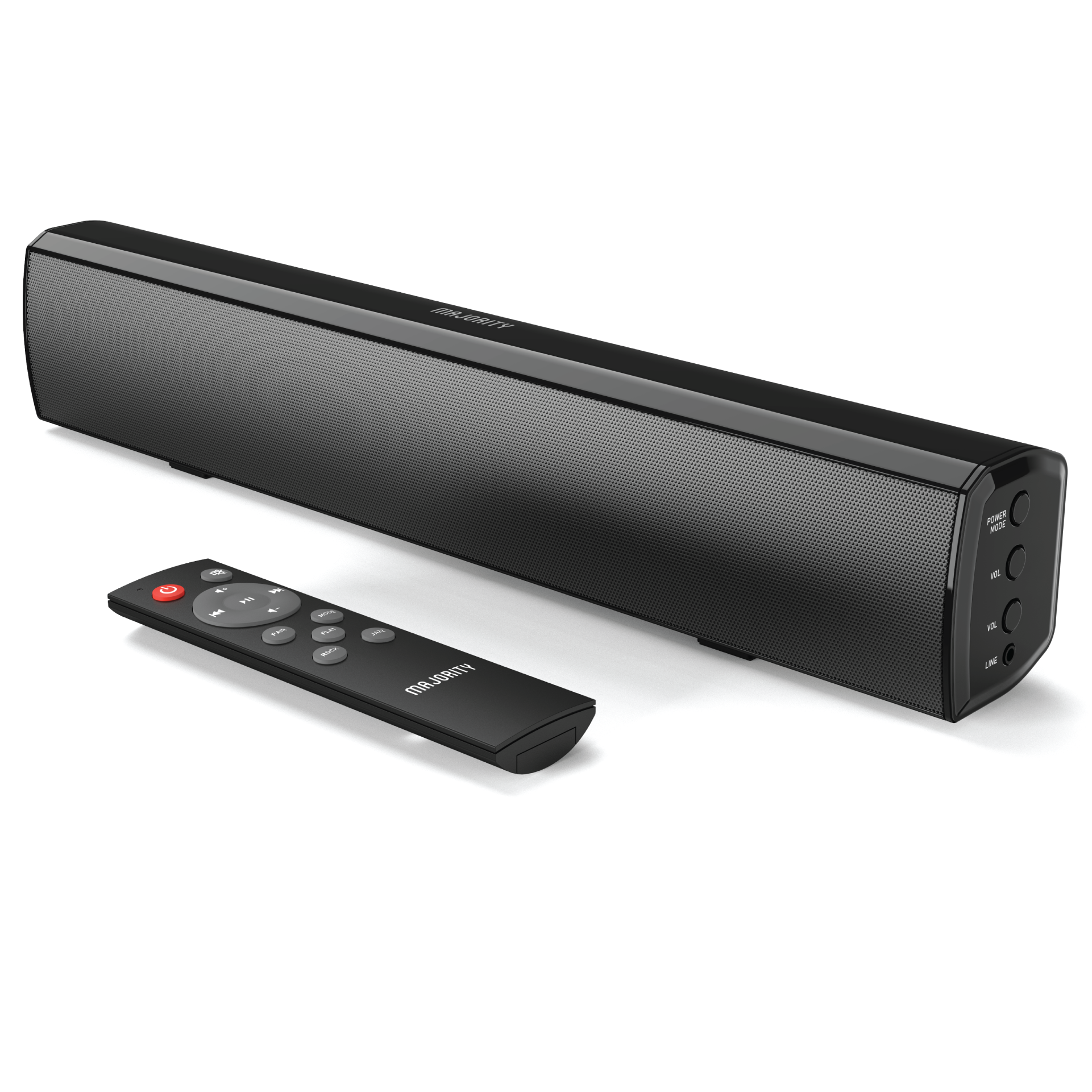 Czarny soundbar z pilotem i białym tłem.