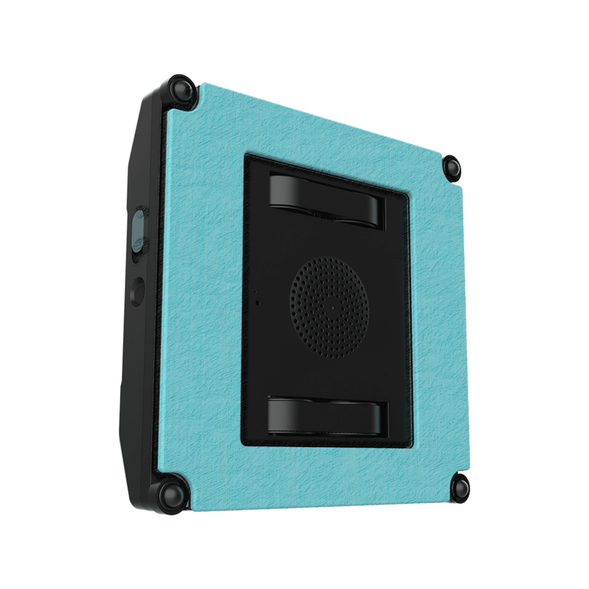 Schwarzer und teal Fensterputzroboter mit schwarzem Rahmen und teal Reinigungspad.