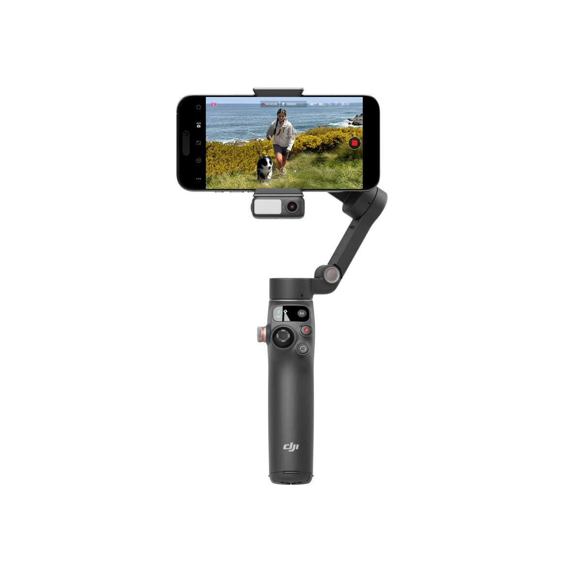 Czarny gimbal trzymający telefon, nagrywający kobietę spacerującą z psem w parku.
