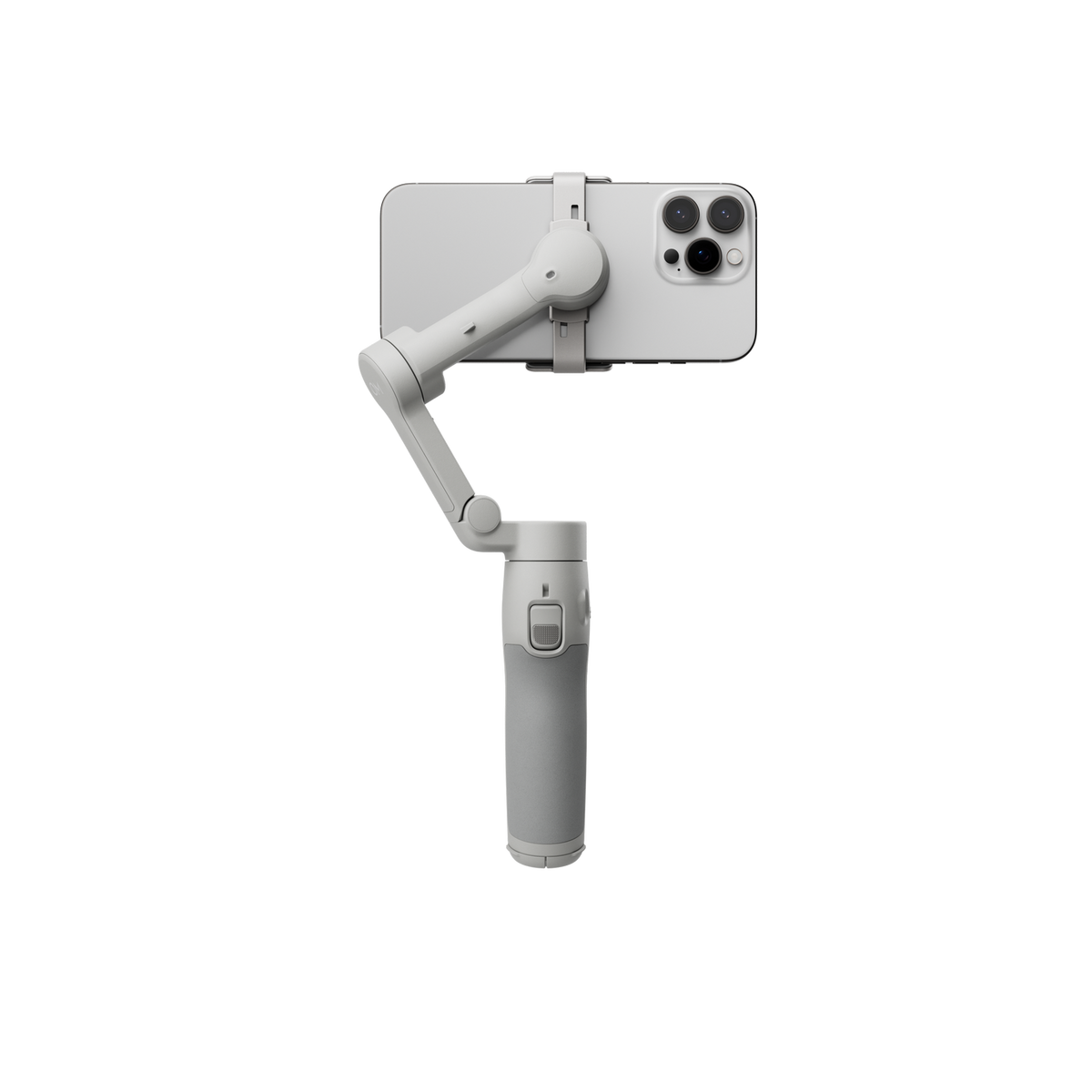 Telefon zamontowany na białym stabilizatorze z czarnym tłem.