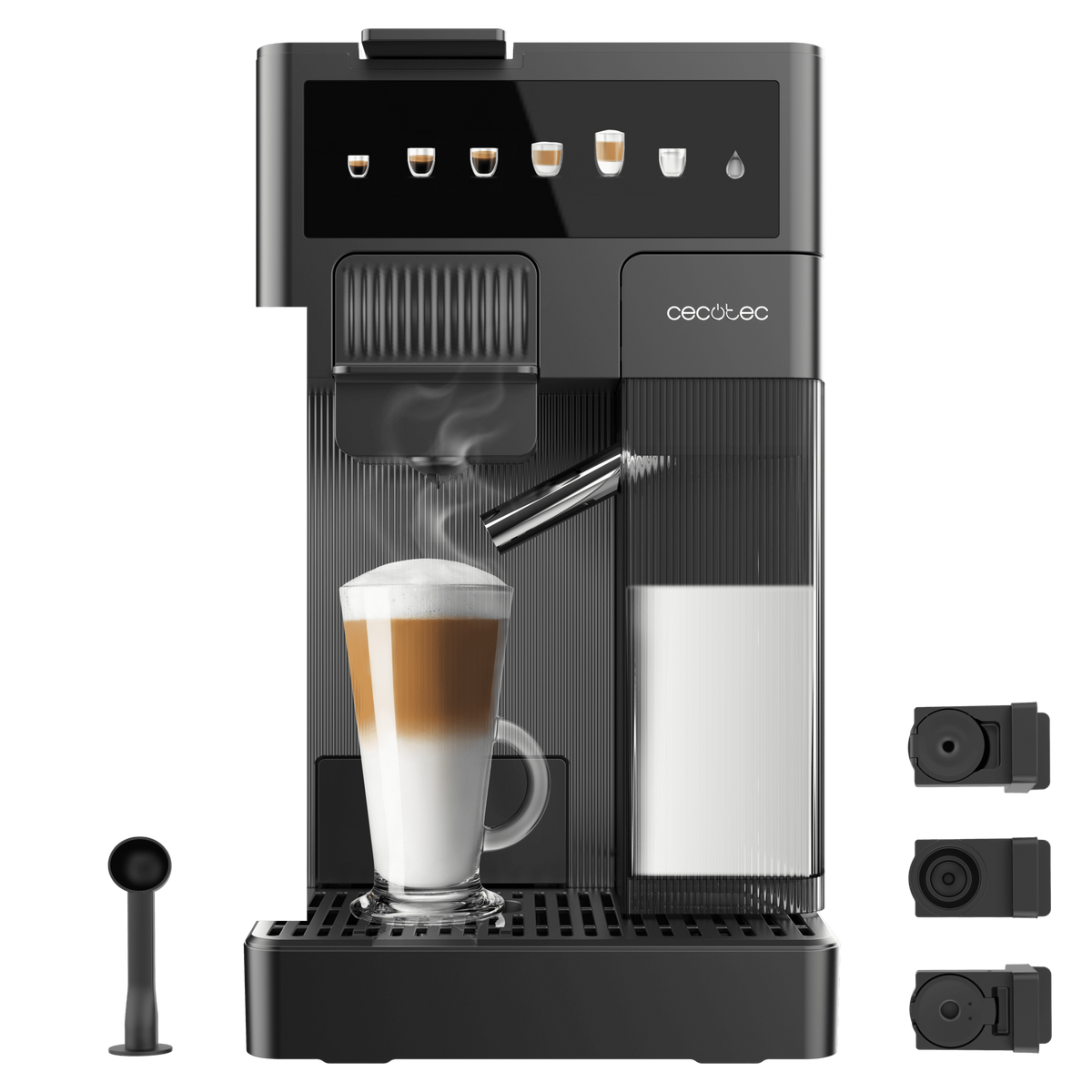 Macchina da caffè nera con un bicchiere di latte macchiato, un contenitore del latte e accessori.