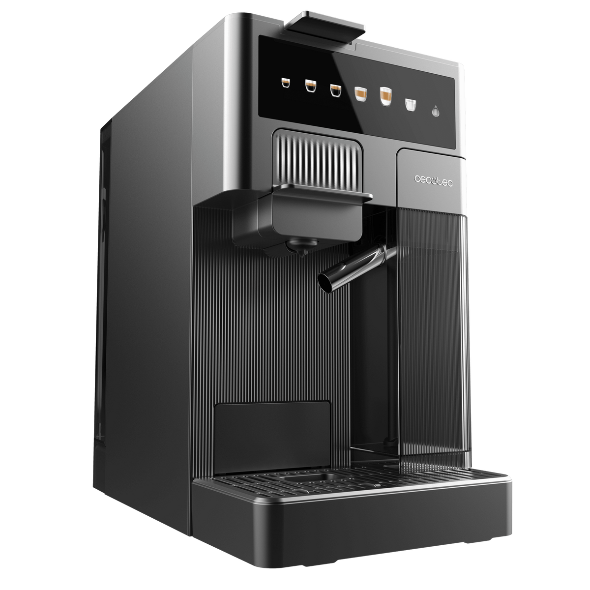 Una macchina da caffè grigio scuro con un beccuccio, pulsanti e un piccolo schermo in alto. Lo sfondo è nero.