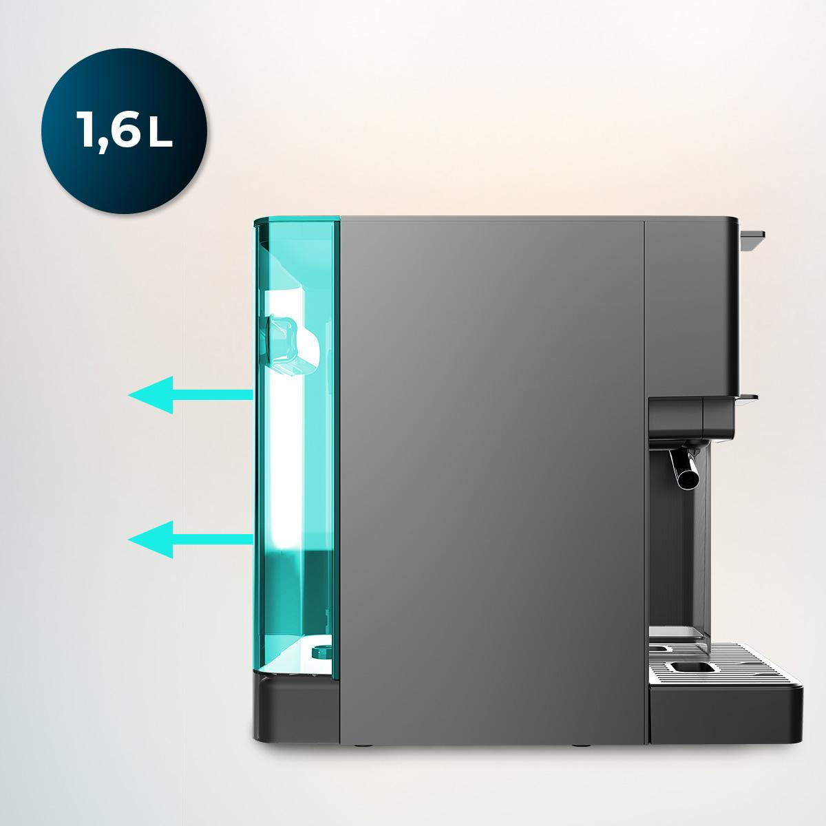 Side view of a gray coffee machine with a turquoise water tank.