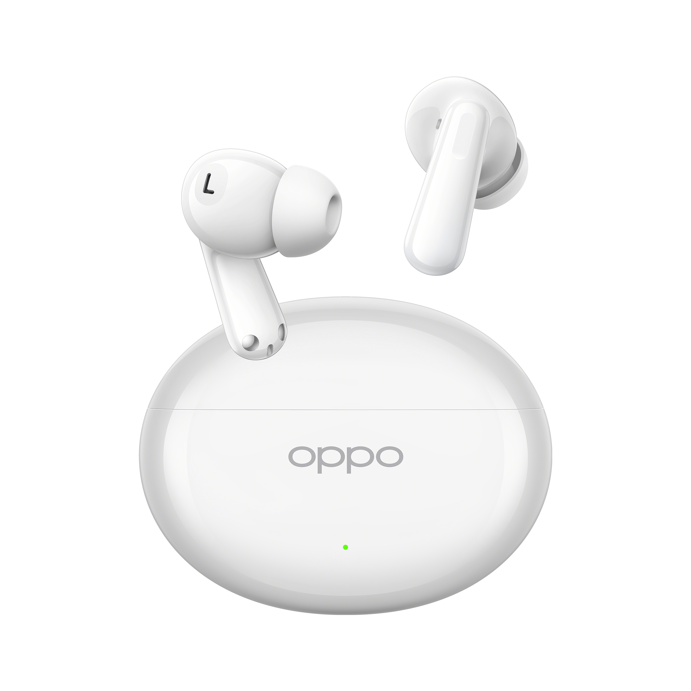 Weiße Oppo Ohrhörer und Ladecase. Weißer Hintergrund.