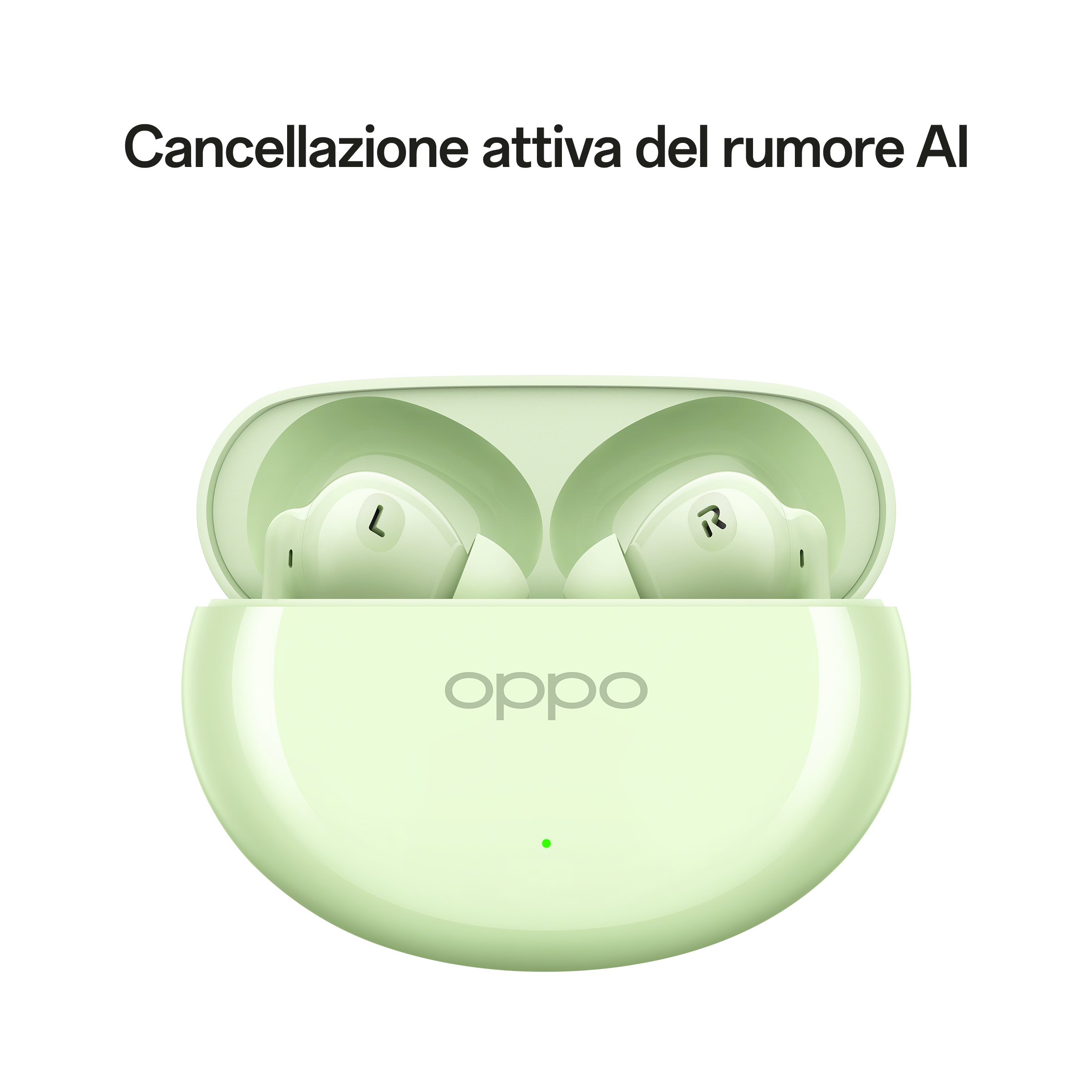 Jasnozielone etui z białymi słuchawkami w środku. Słowo OPPO znajduje się na etui.