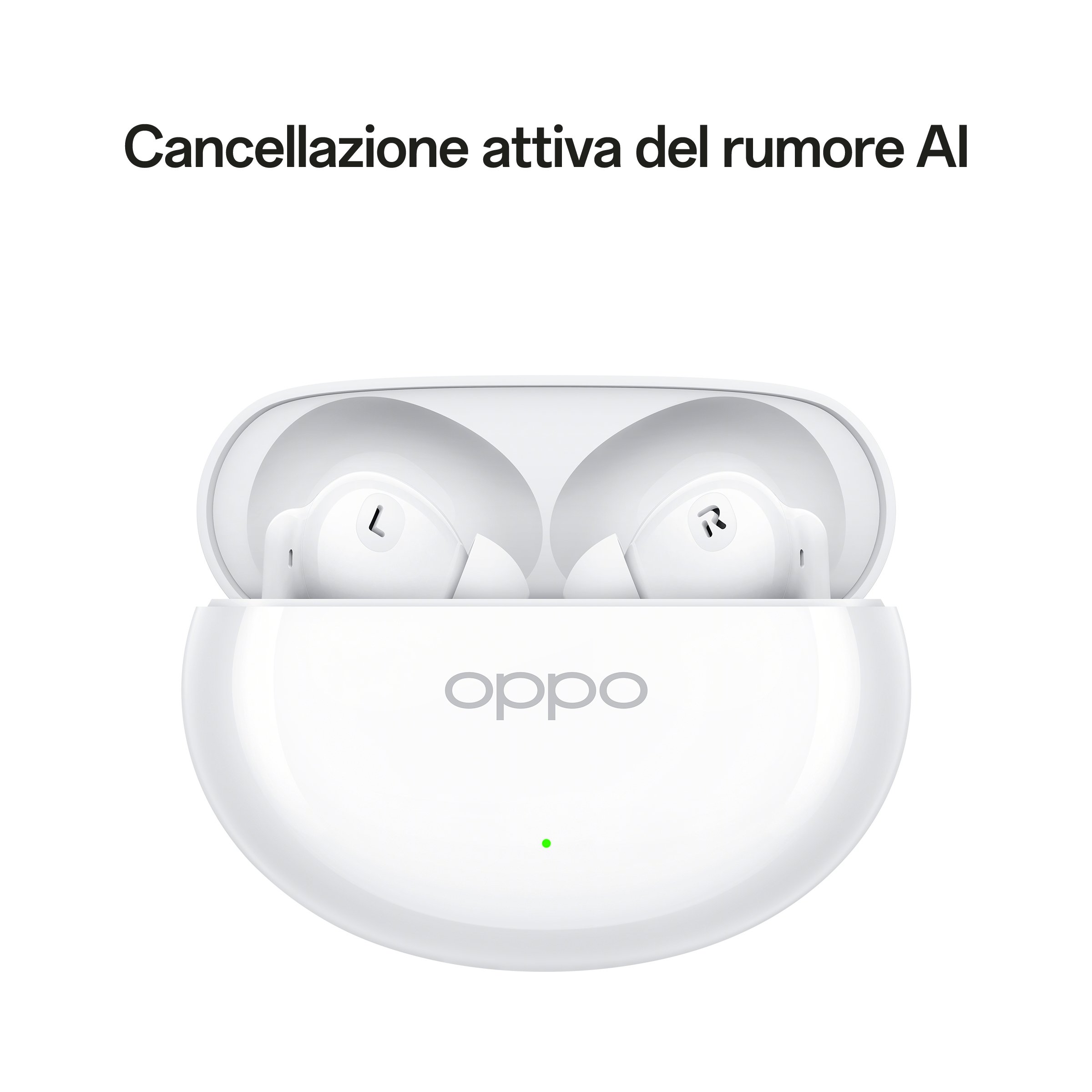 Weiße Oppo-Ohrhörer in einem Etui. Text: 'Cancellazione attiva del rumore AI'.