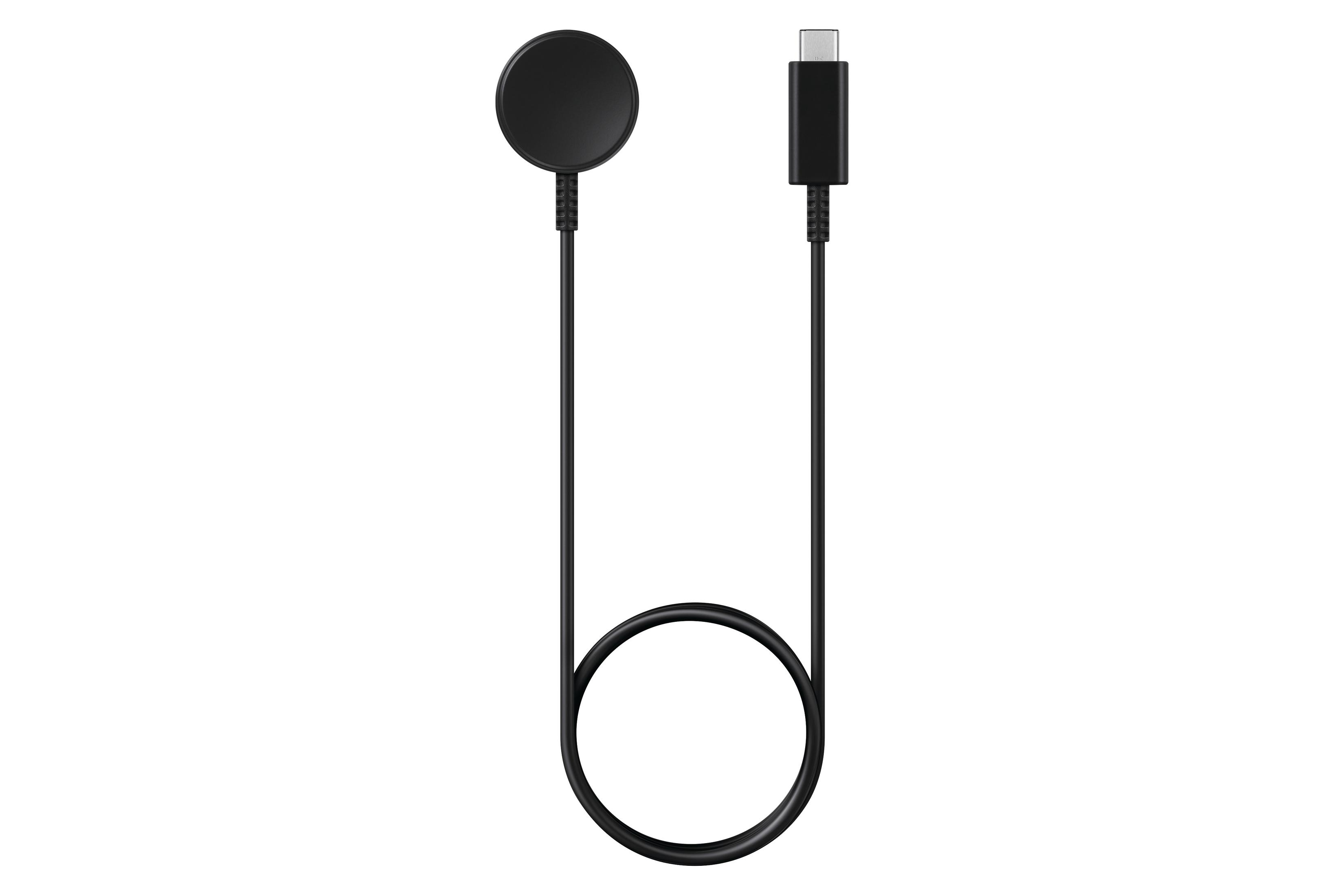 Un caricatore per orologio circolare nero con un cavo nero e un connettore USB-C. Il cavo è arrotolato e centrato.