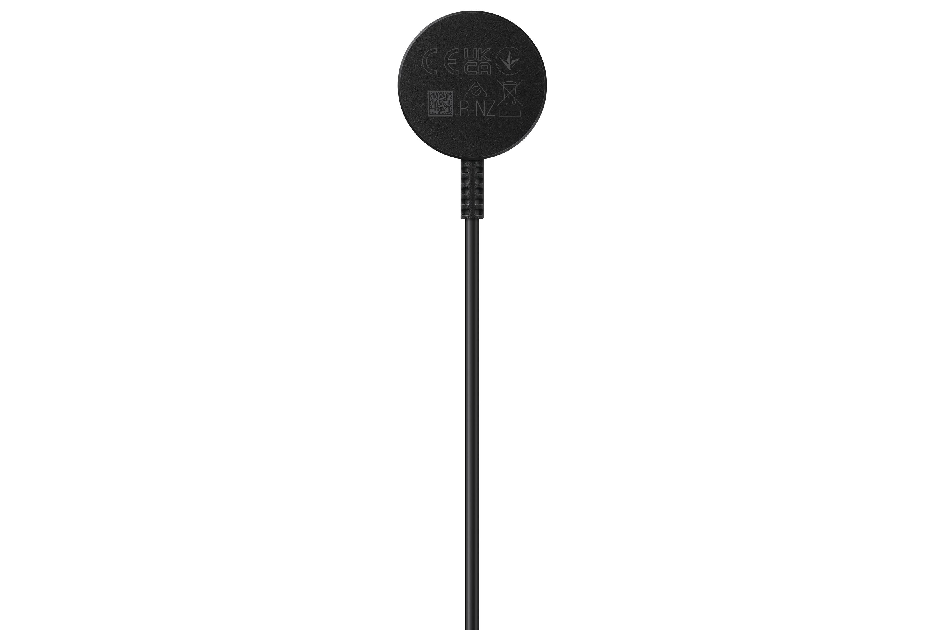 Un cavo di ricarica nero con una testa circolare. Ha un cavo sottile.