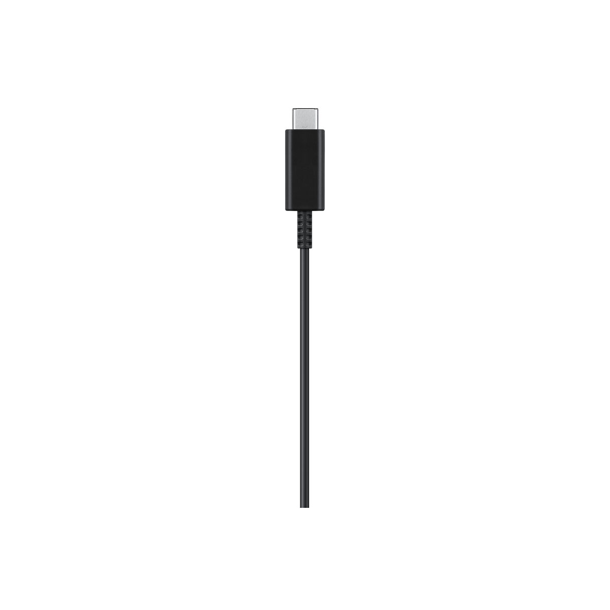 Un cavo USB-C nero con un connettore nero nella parte superiore su sfondo bianco.