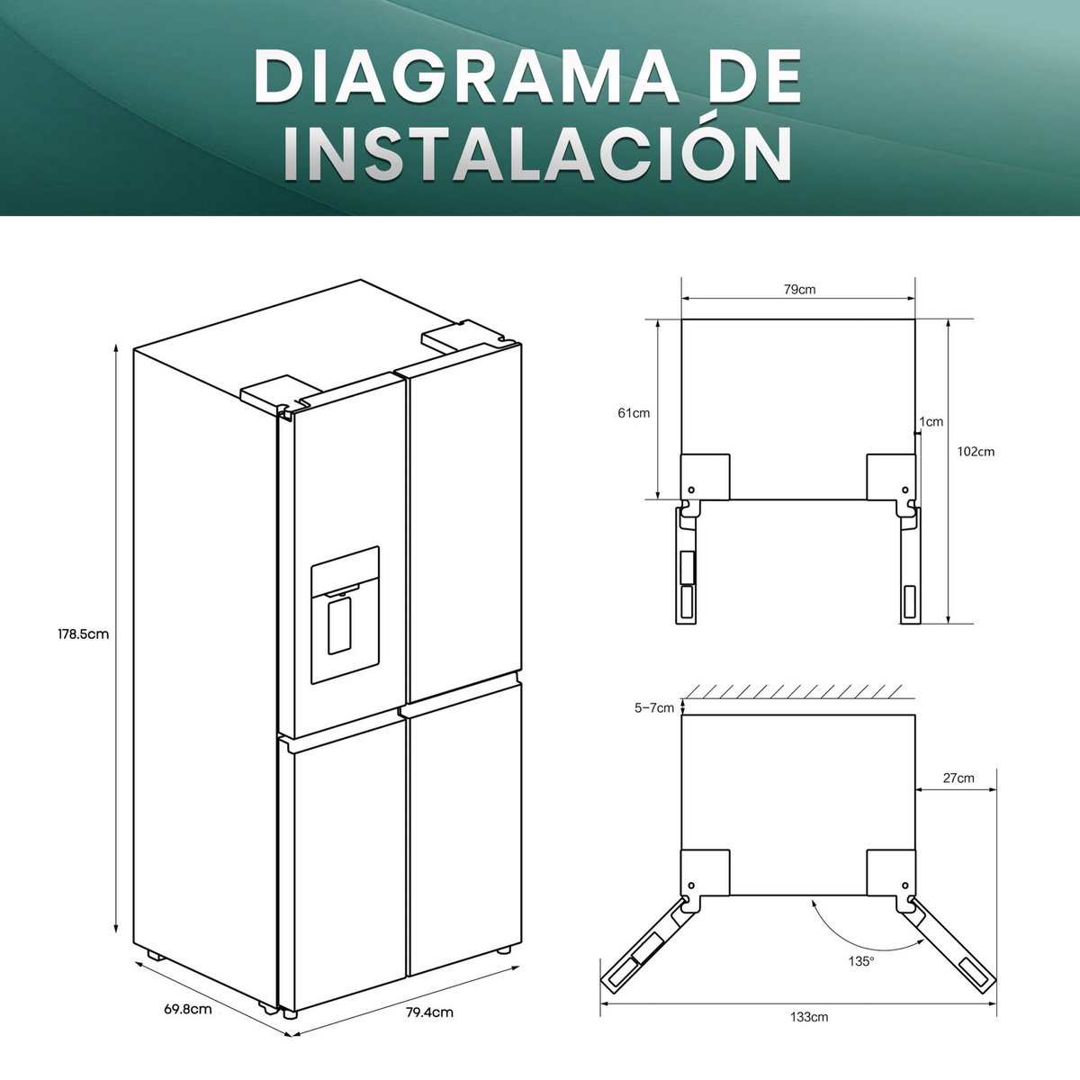Un diagrama de un refrigerador con dimensiones, junto con una vista superior y una vista lateral.
