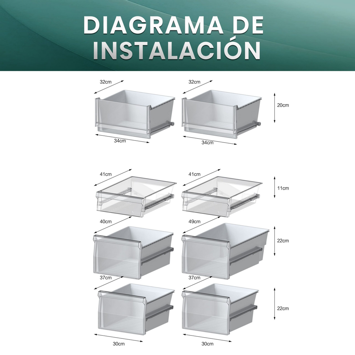 Diagrama de cajas de almacenamiento. Incluye medidas y dimensiones. Fondo blanco.
