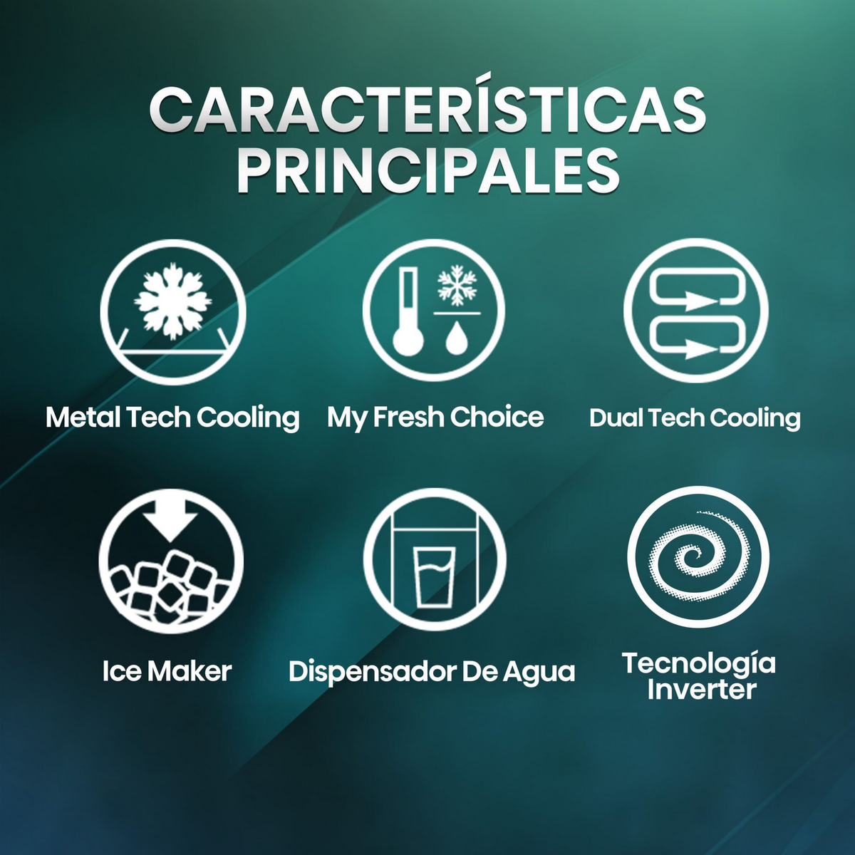 Iconos con texto que describe características: Metal Tech Cooling, My Fresh Choice, Dual Tech.