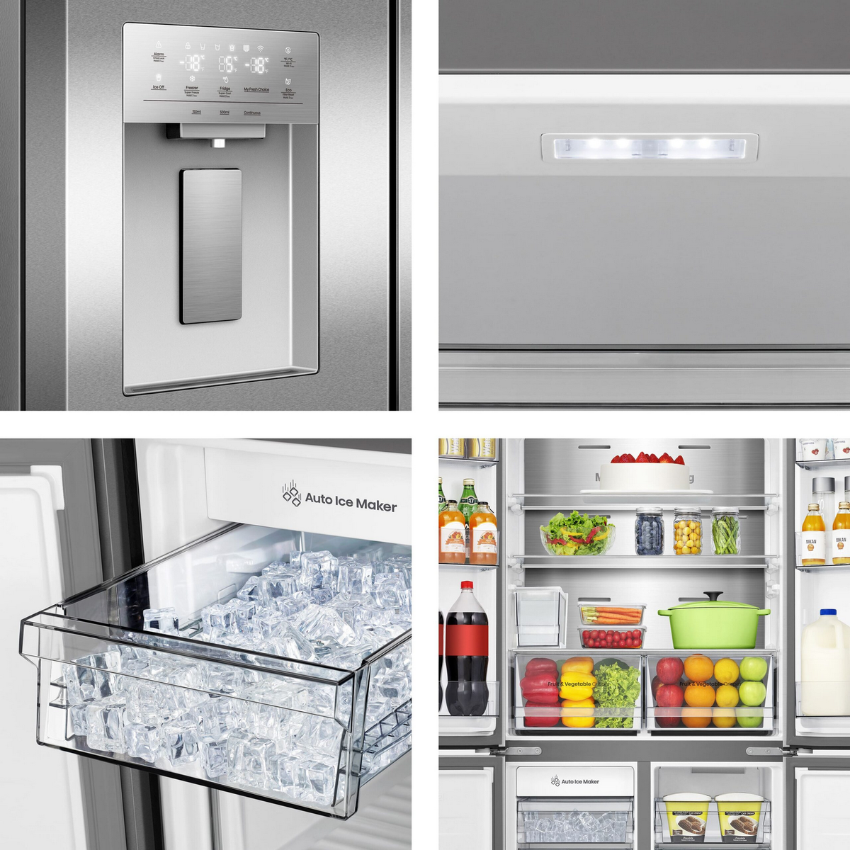 Un frigorífico con múltiples vistas. Tiene dispensador de hielo, estantes interiores con comida y una máquina de hielo.
