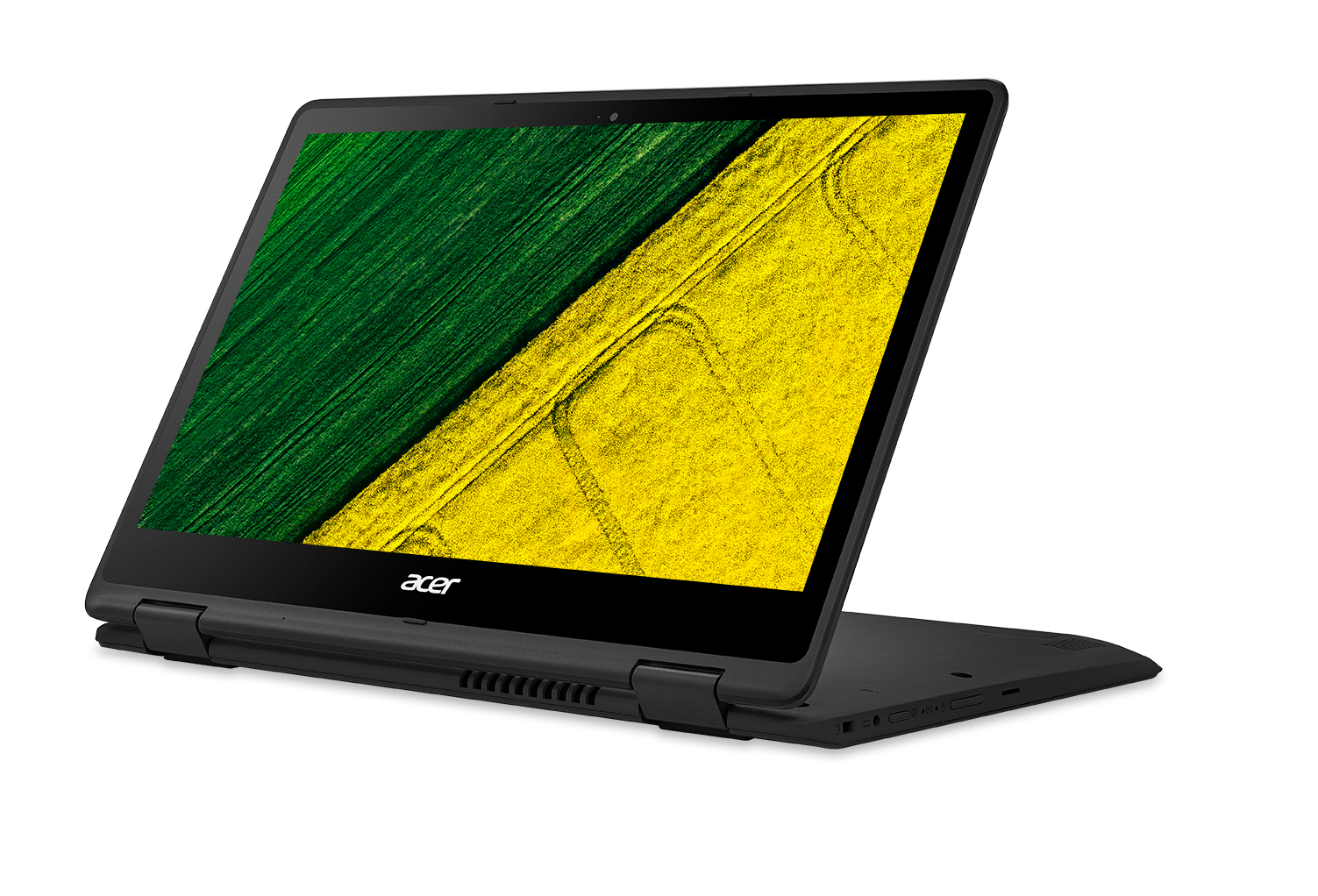 Un laptop Acer nero è aperto, mostrando un campo giallo e verde. Il laptop è su una superficie bianca.