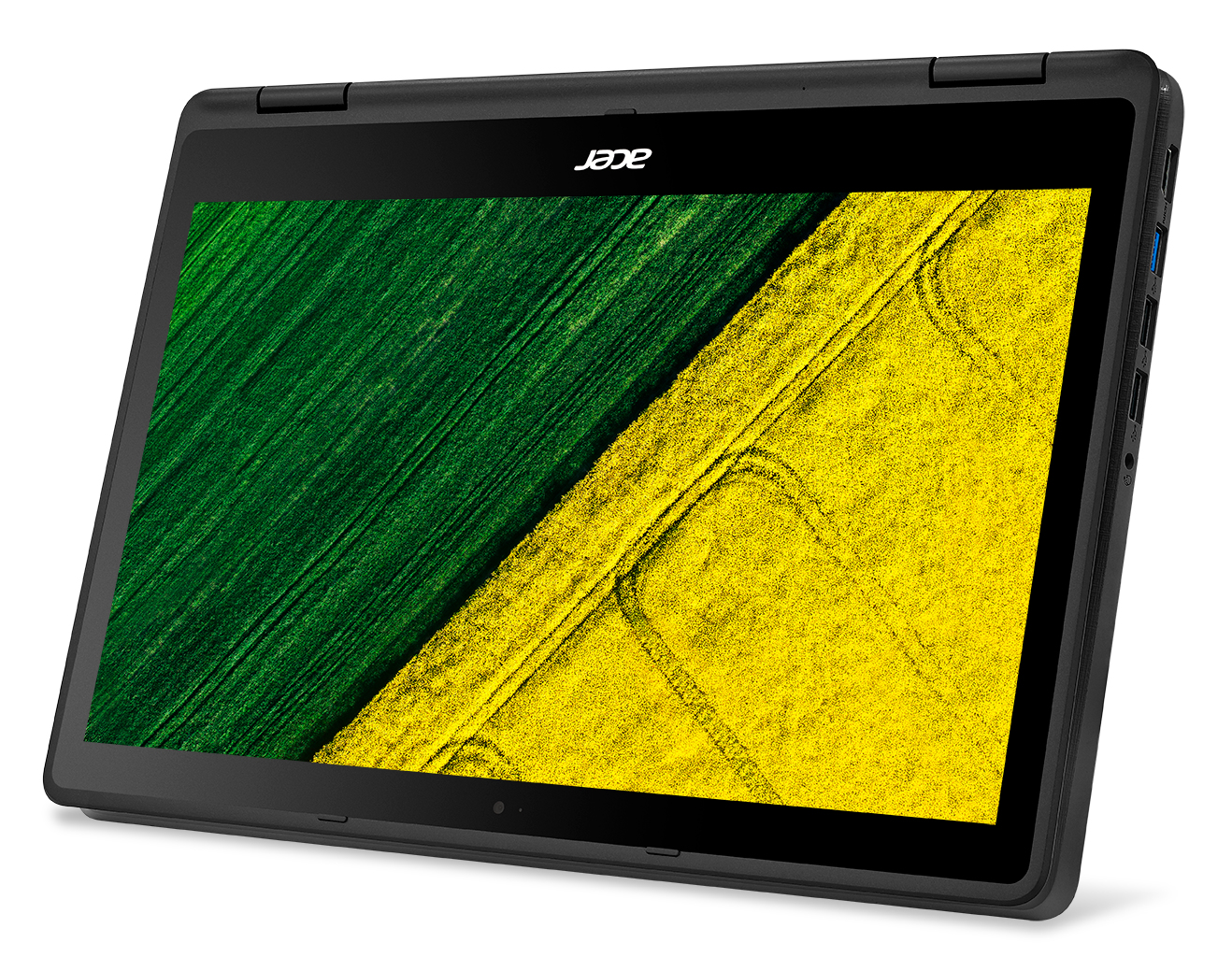 Laptop Acer nero aperto, che mostra campi verdi e gialli.