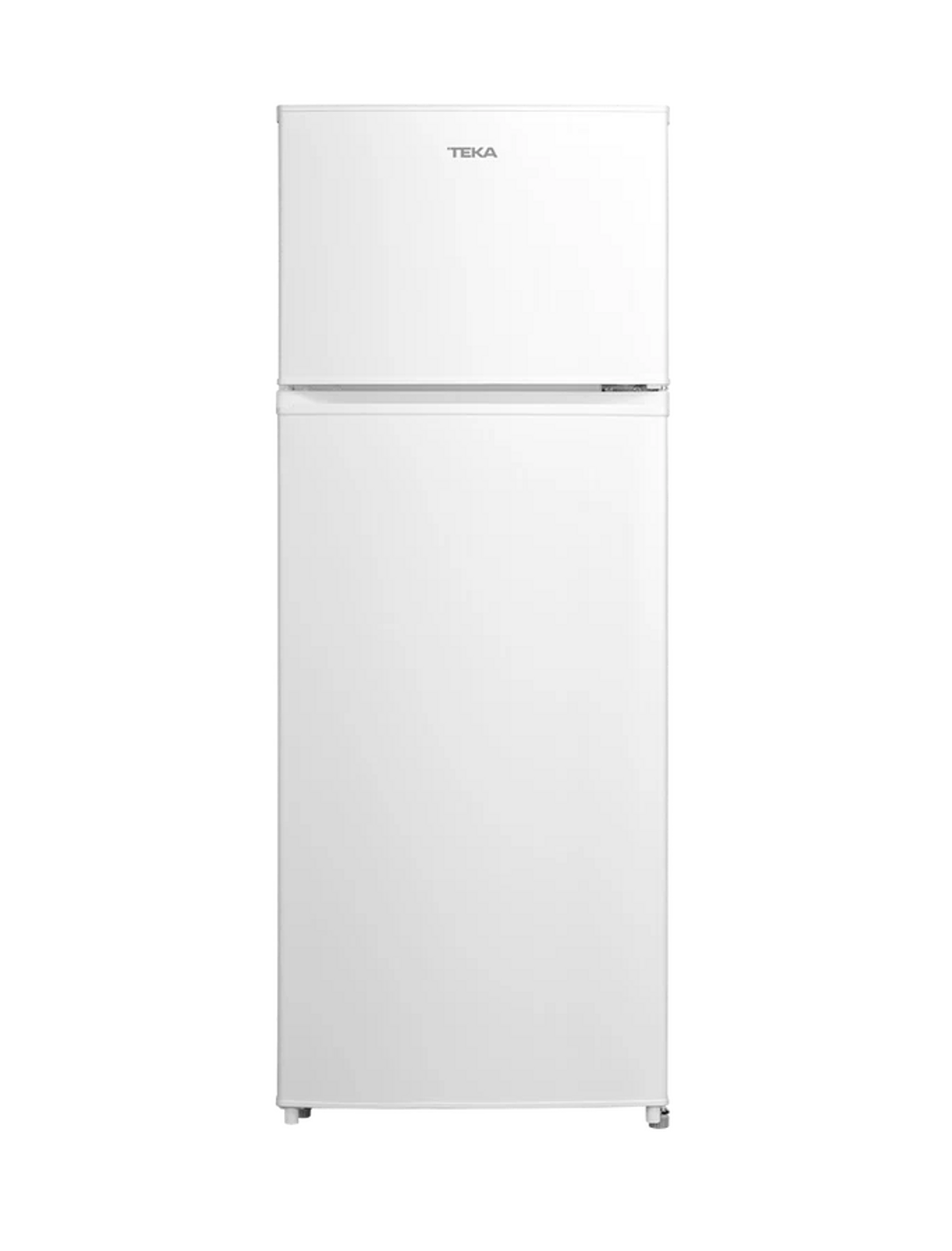 Biała lodówka Teka. Dwoje drzwi, górne i dolne, z logo marki.