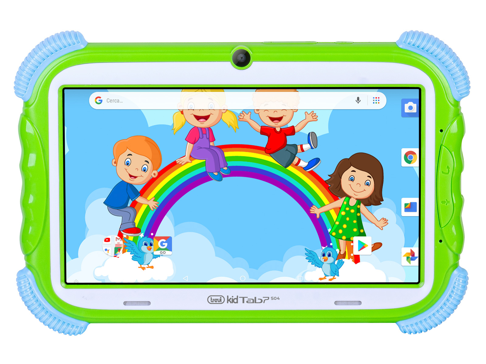 Tablet verde con bambini dei cartoni animati sullo schermo, un arcobaleno e cielo blu.